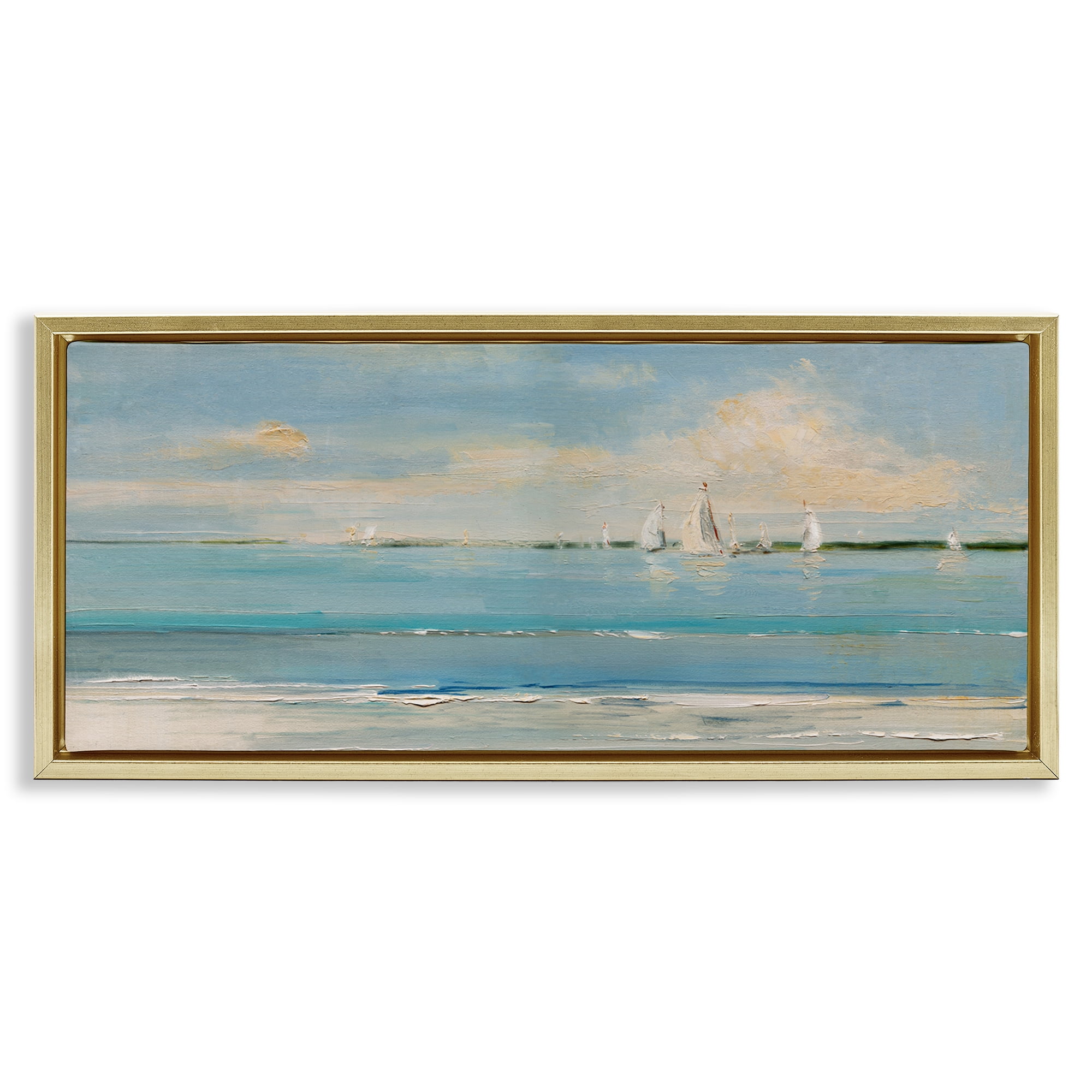 Stupell Industries Distant Painterly Sailboats Nautical & Beach Painting Gold Floater Framed Canvas Art Print Wall Art, 31 x 14