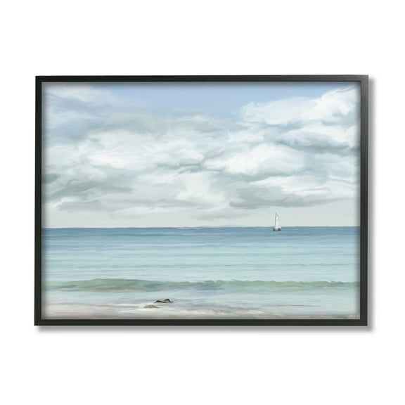 Stupell Industries Distant Sailboat Cloudy Shore Landscape Painting Black Framed Art Print Wall Art, 14 x 11