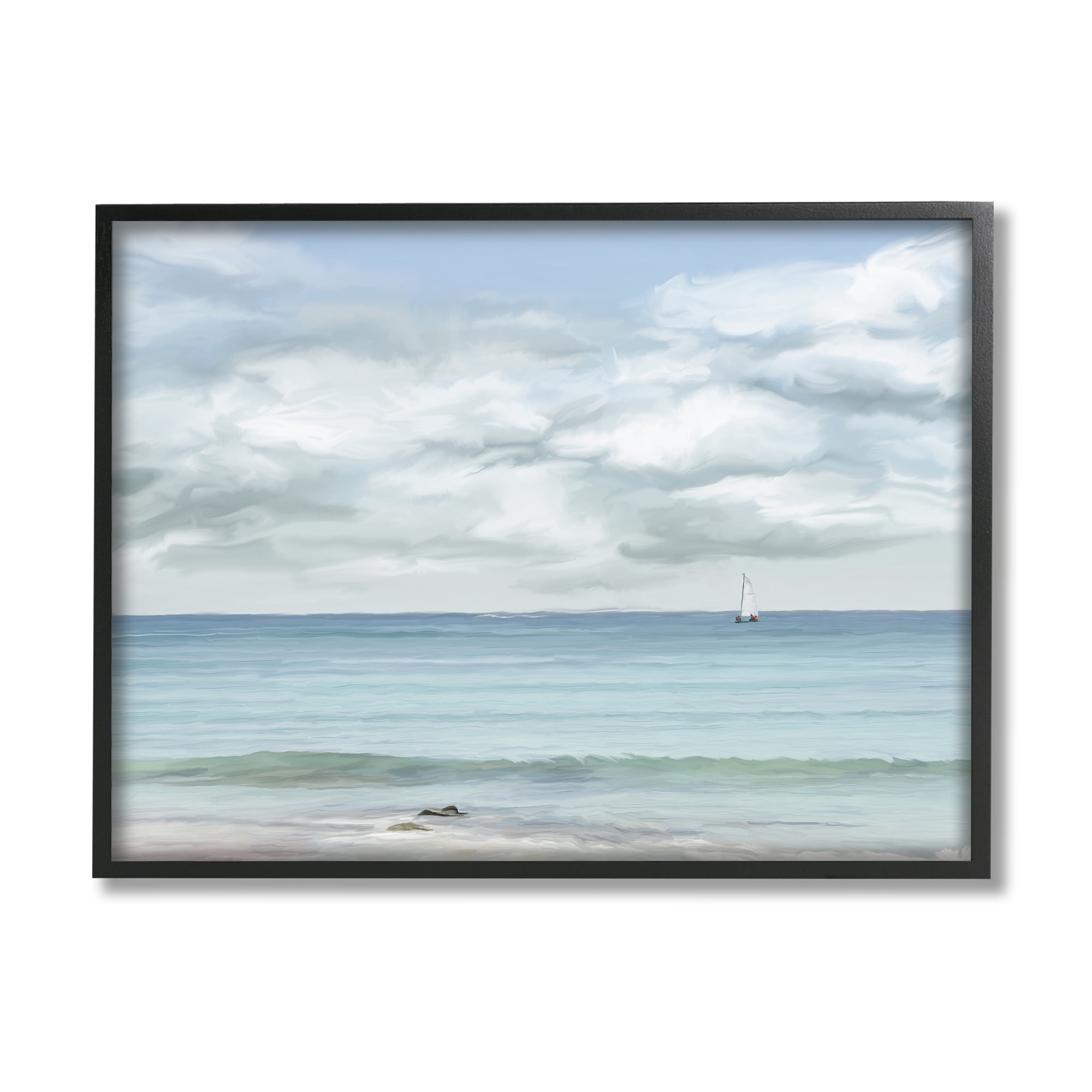 Stupell Industries Distant Sailboat Cloudy Shore Landscape Painting Black Framed Art Print Wall Art, 30 x 24