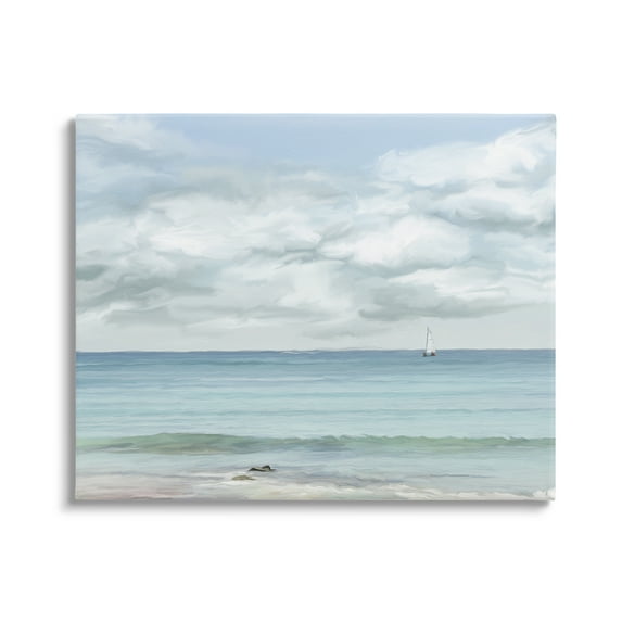 Stupell Industries Distant Sailboat Cloudy Shore Landscape Painting Gallery Wrapped Canvas Art Print Wall Art, 20 x 16