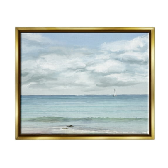 Stupell Industries Distant Sailboat Cloudy Shore Landscape Painting Gold Floater Framed Canvas Art Print Wall Art, 21 x 17