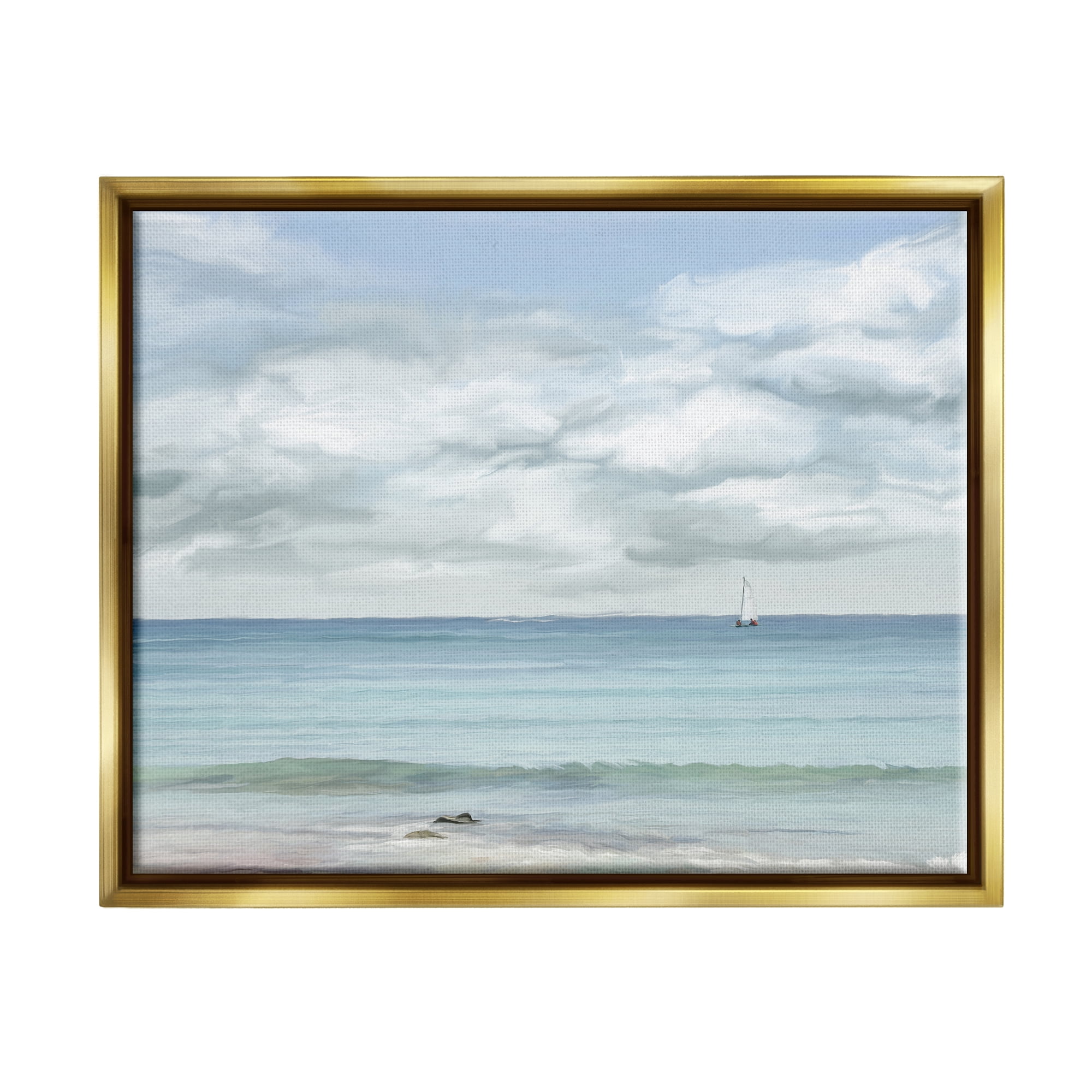 Stupell Industries Distant Sailboat Cloudy Shore Landscape Painting Gold Floater Framed Canvas Art Print Wall Art, 31 x 25