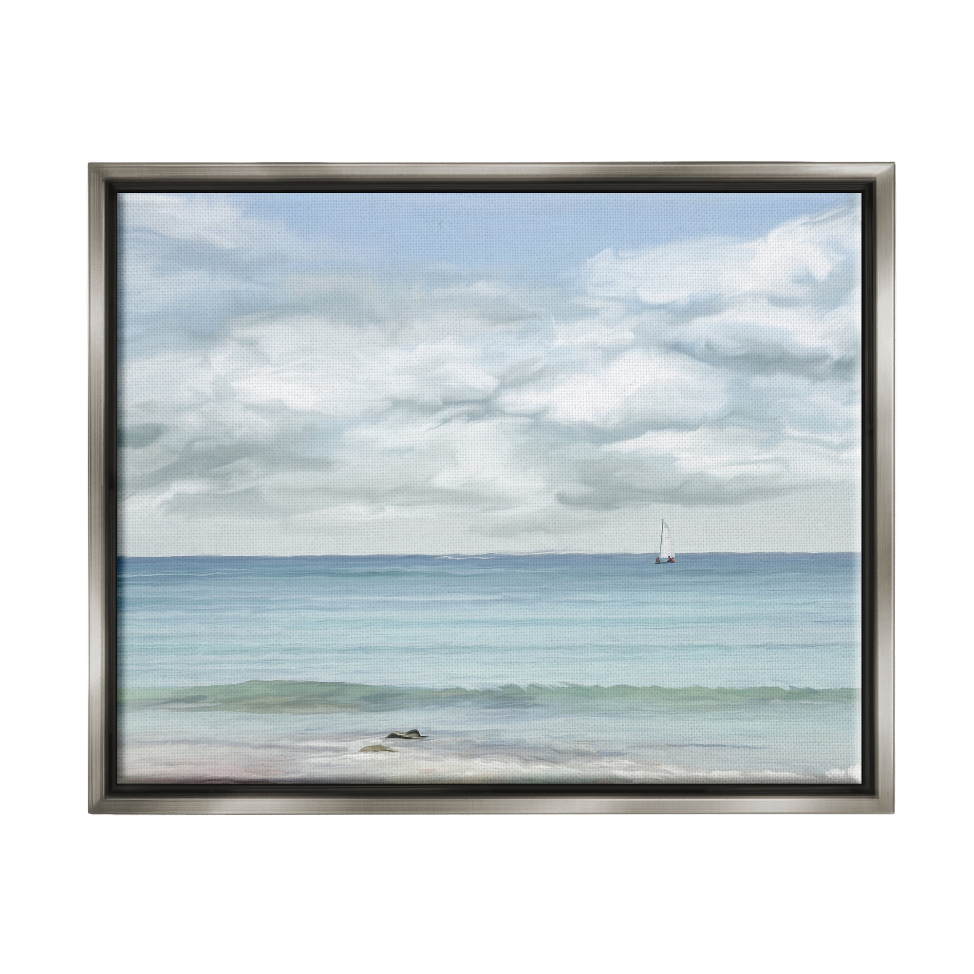 Stupell Industries Distant Sailboat Cloudy Shore Landscape Painting Gray Floater Framed Canvas Art Print Wall Art, 31 x 25