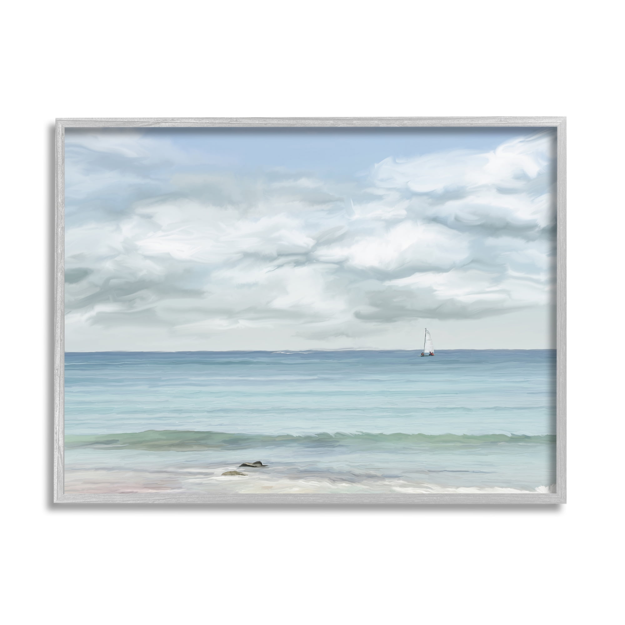 Stupell Industries Distant Sailboat Cloudy Shore Landscape Painting Gray Framed Art Print Wall Art, 14 x 11