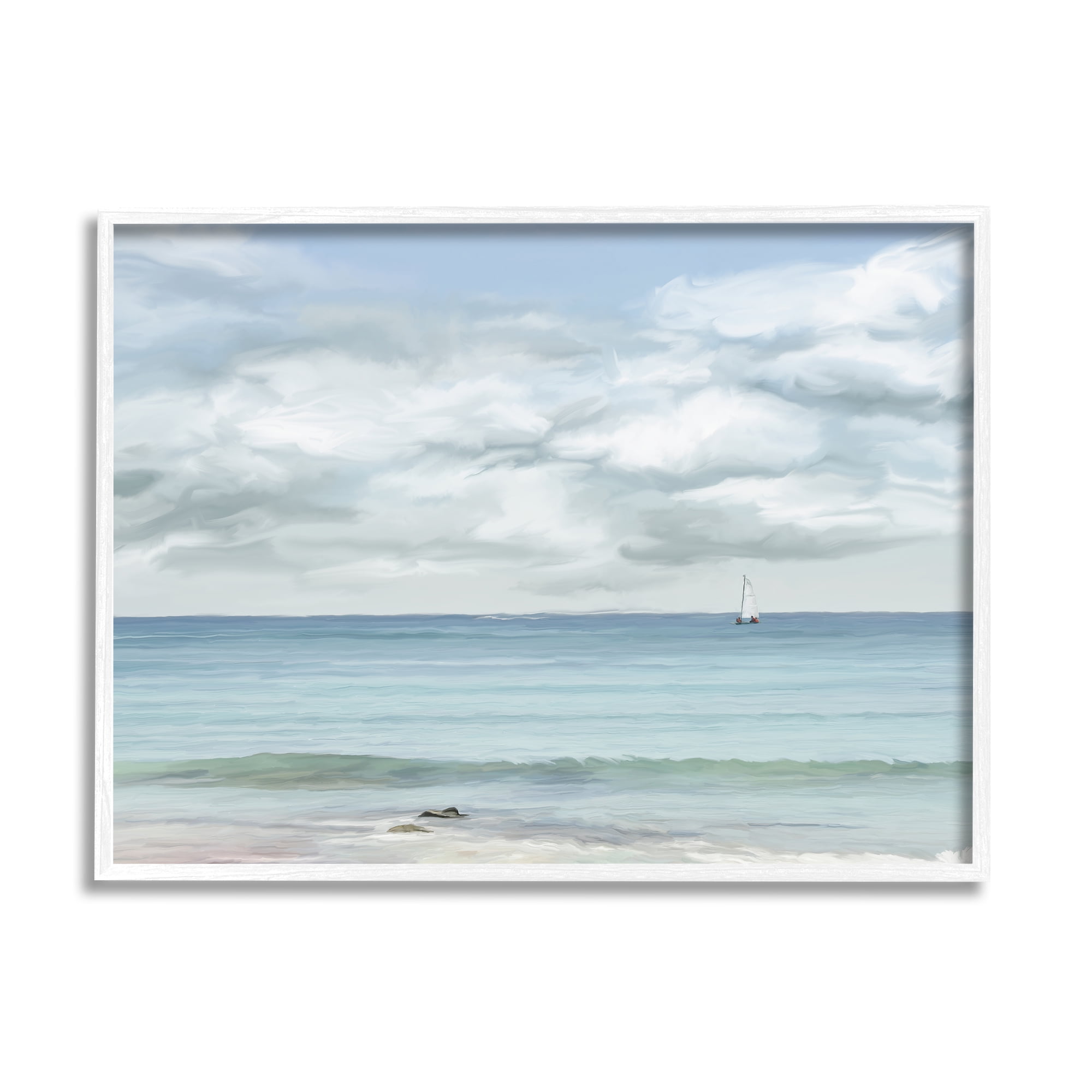Stupell Industries Distant Sailboat Cloudy Shore Landscape Painting White Framed Art Print Wall Art, 14 x 11