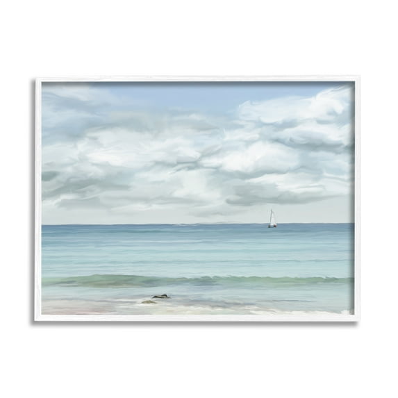 Stupell Industries Distant Sailboat Cloudy Shore Landscape Painting White Framed Art Print Wall Art, 30 x 24