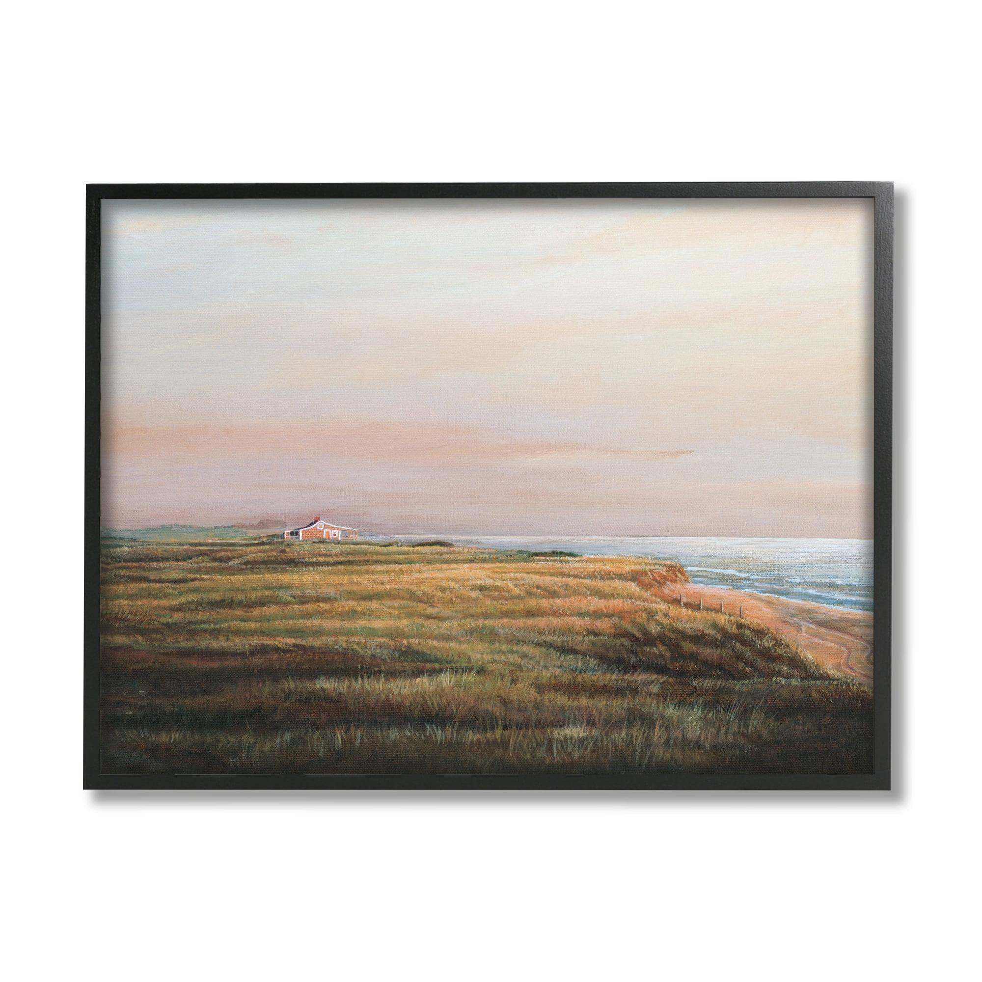 Stupell Industries Distant Seaside Cottage Rural Beach Ocean View Painting Black Framed Art Print Wall Art, Design by Tom Mielko