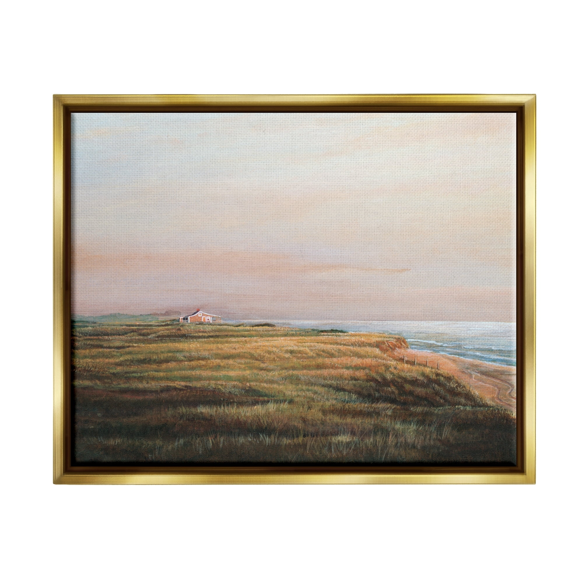 Stupell Industries Distant Seaside Cottage Rural Beach Ocean View Painting Metallic Gold Floating Framed Canvas Print Wall Art, Design by Tom Mielko