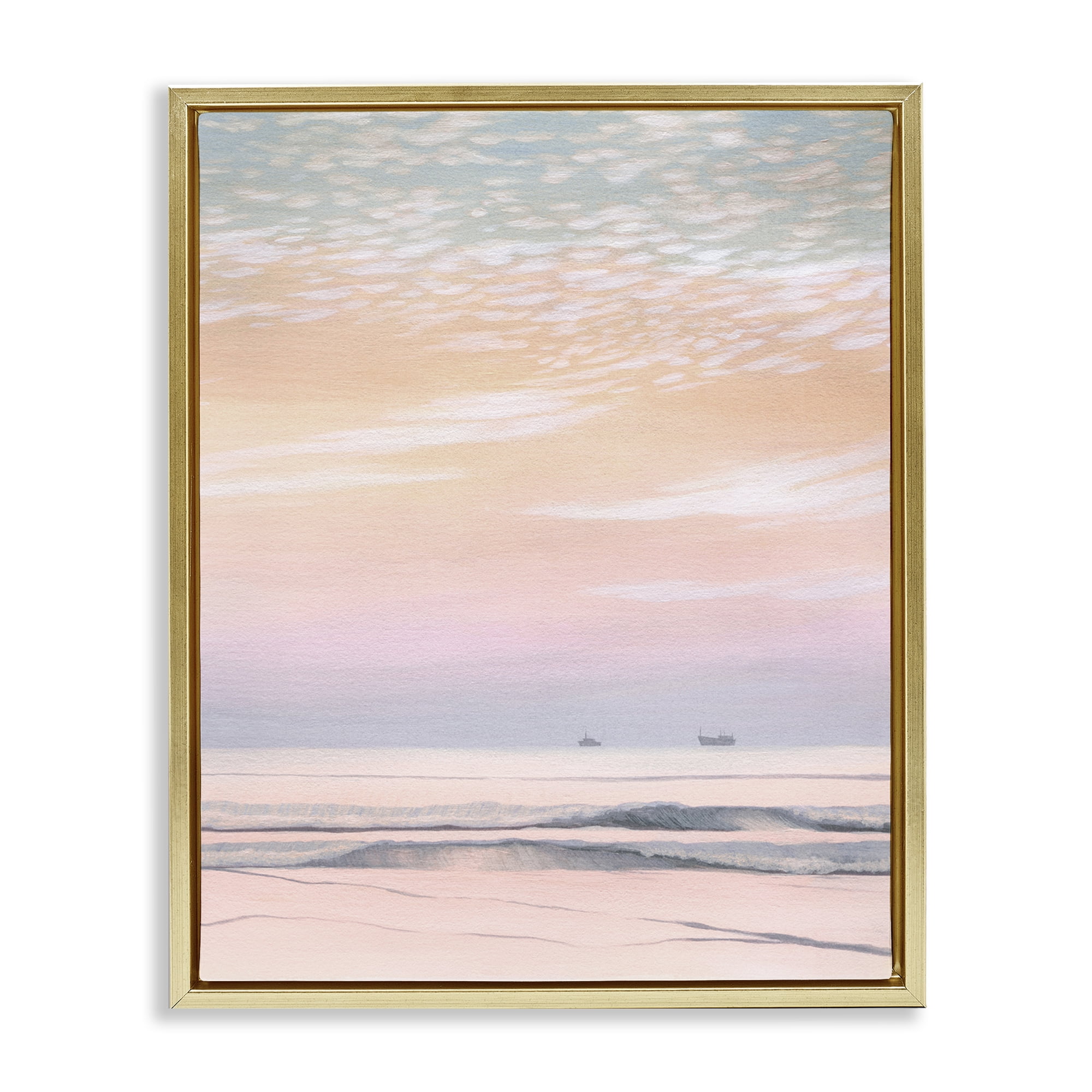 Stupell Industries Distant Ship at Sunrise Nautical & Beach Painting Gold Floater Framed Canvas Art Print Wall Art, 17 x 21