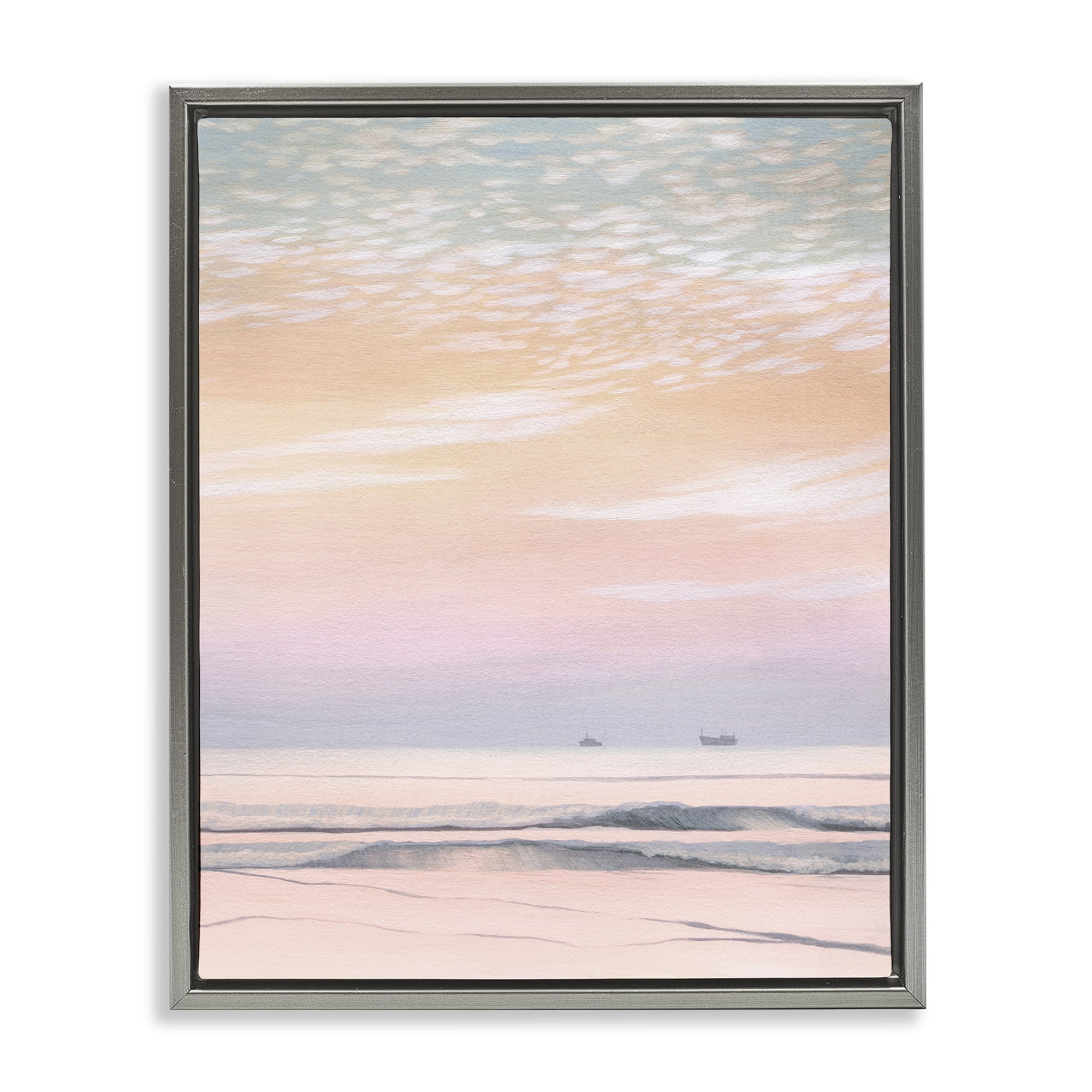Stupell Industries Distant Ship at Sunrise Nautical & Beach Painting Gray Floater Framed Canvas Art Print Wall Art, 25 x 31