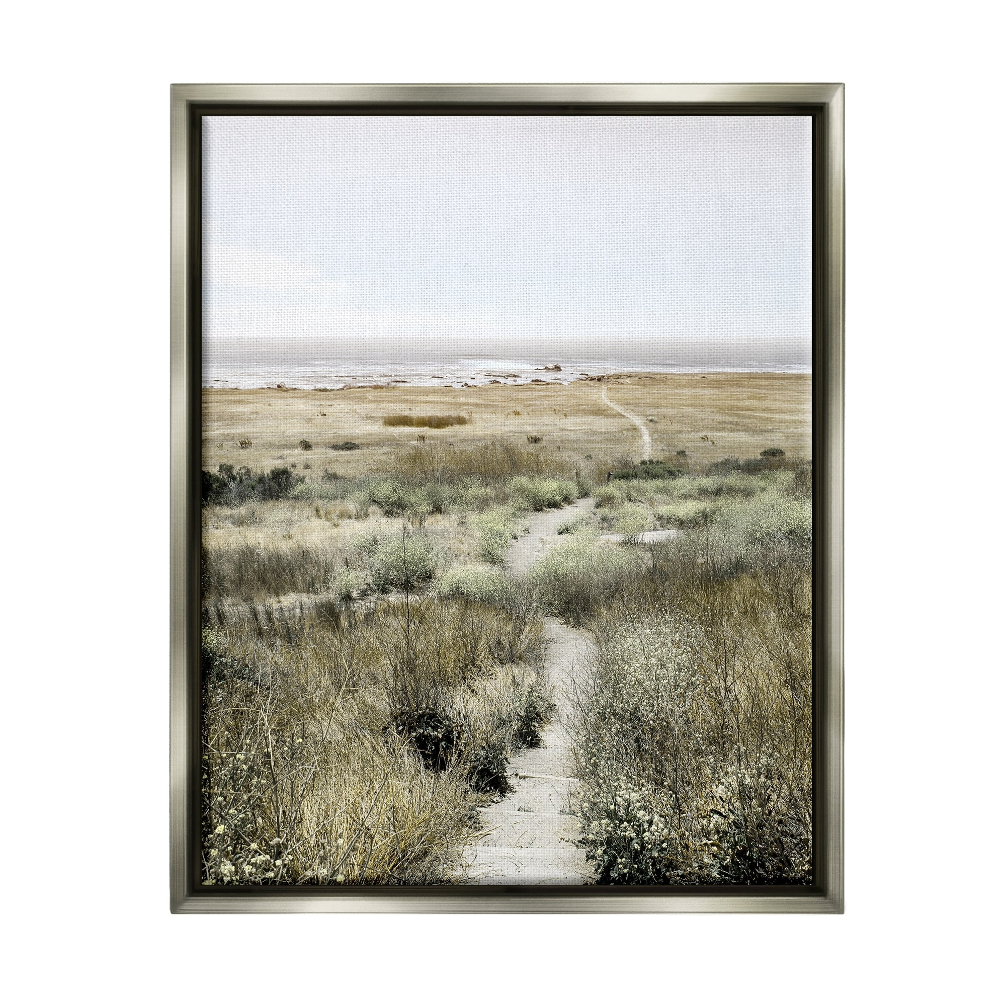 Stupell Industries Distant Shoreline Grassy Beach Path Cloudy Horizon Luster Gray Framed Floating Canvas Wall Art, 24x30, by Danita Delimont