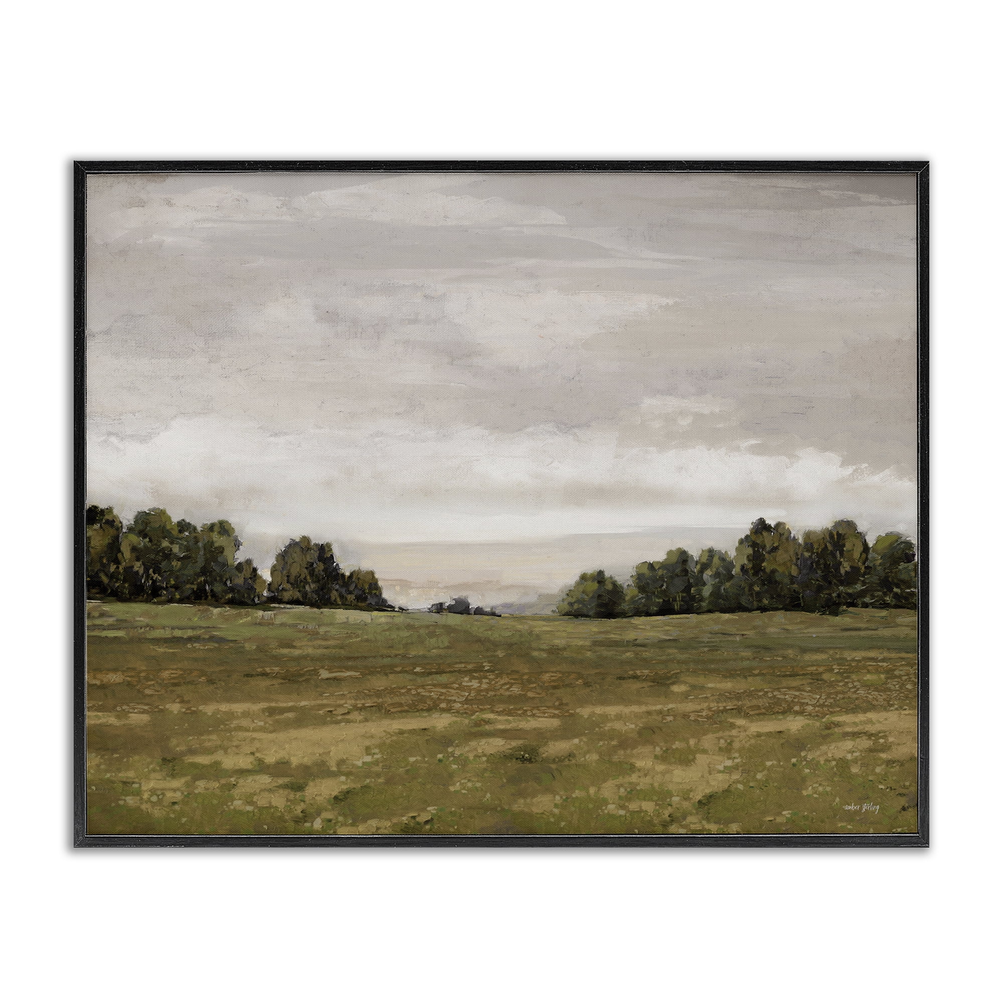 Stupell Industries Distant Trees Grassland Landscape Painting Black Framed Art Print Wall Art, 30 x 24