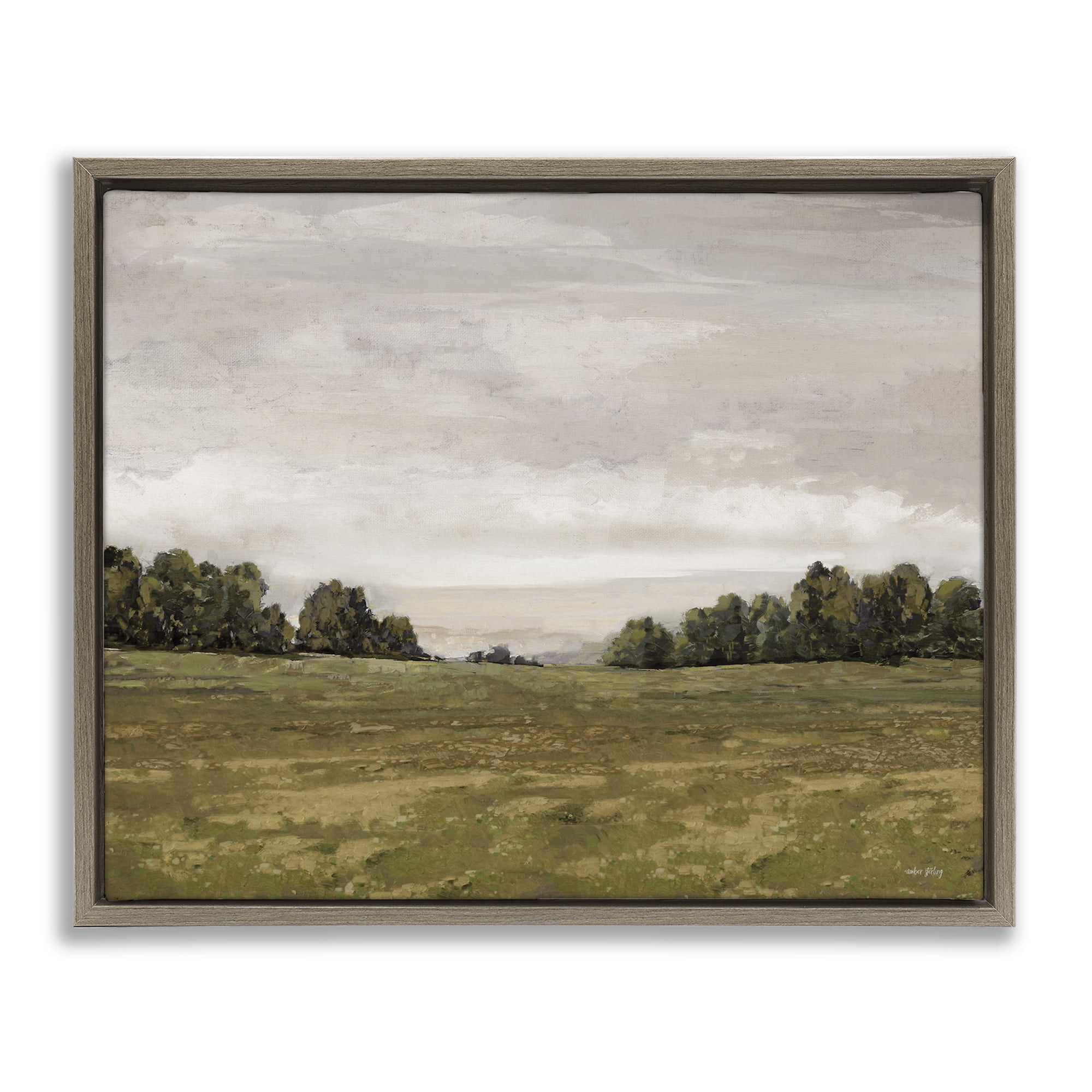 Stupell Industries Distant Trees Grassland Landscape Painting Brown Floater Framed Art Print Wall Art, 21 x 17