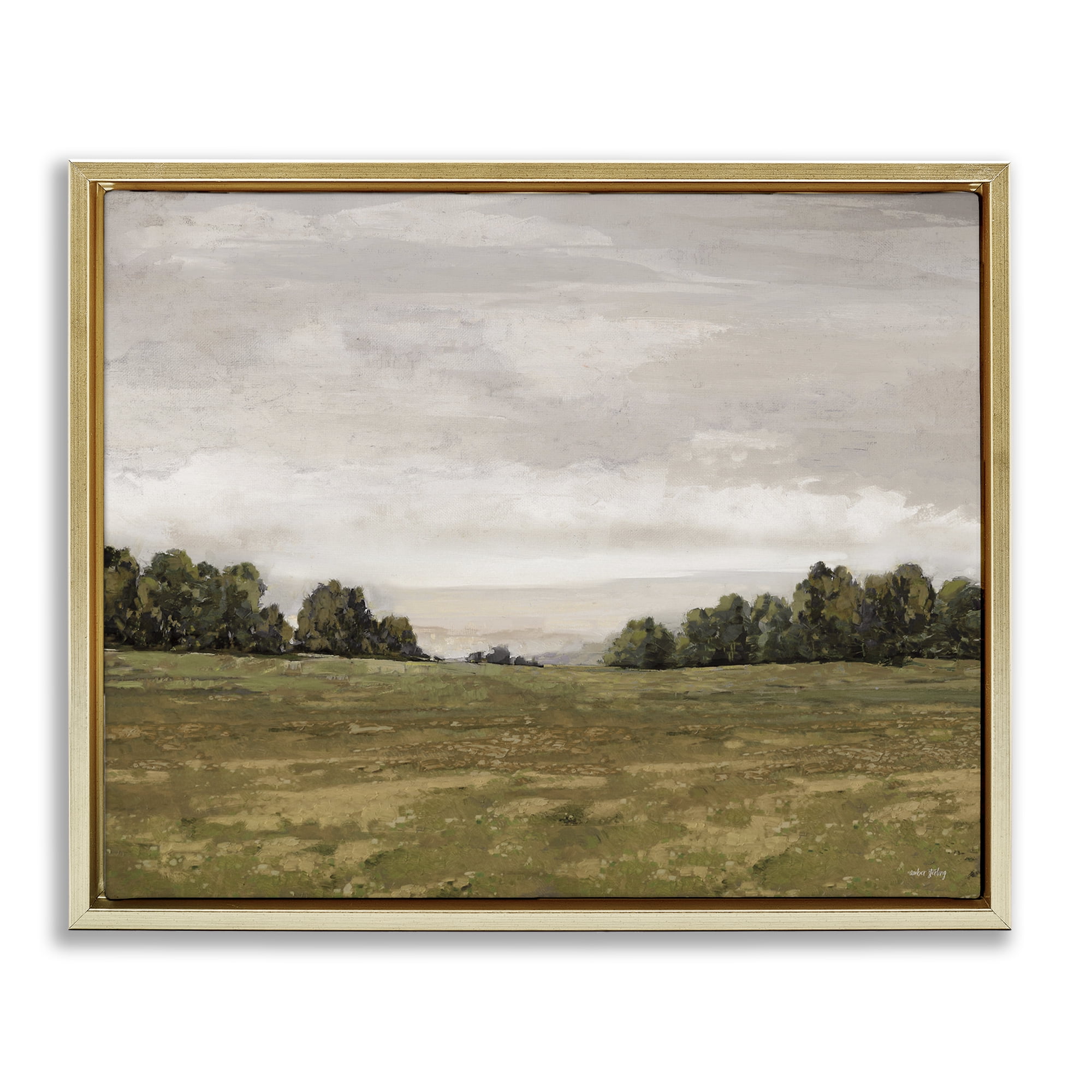 Stupell Industries Distant Trees Grassland Landscape Painting Gold Floater Framed Art Print Wall Art, 21 x 17