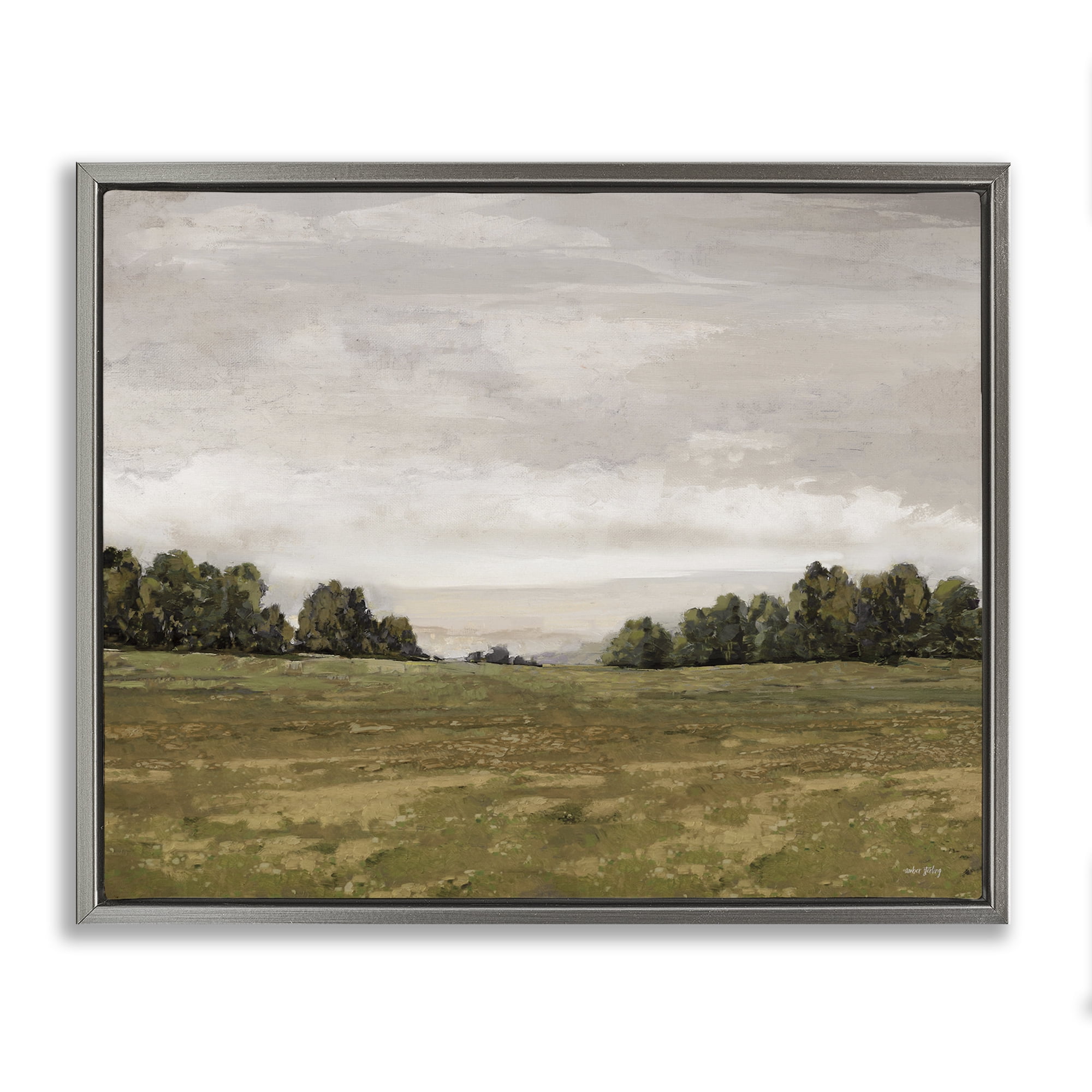 Stupell Industries Distant Trees Grassland Landscape Painting Gray Floater Framed Art Print Wall Art, 31 x 25