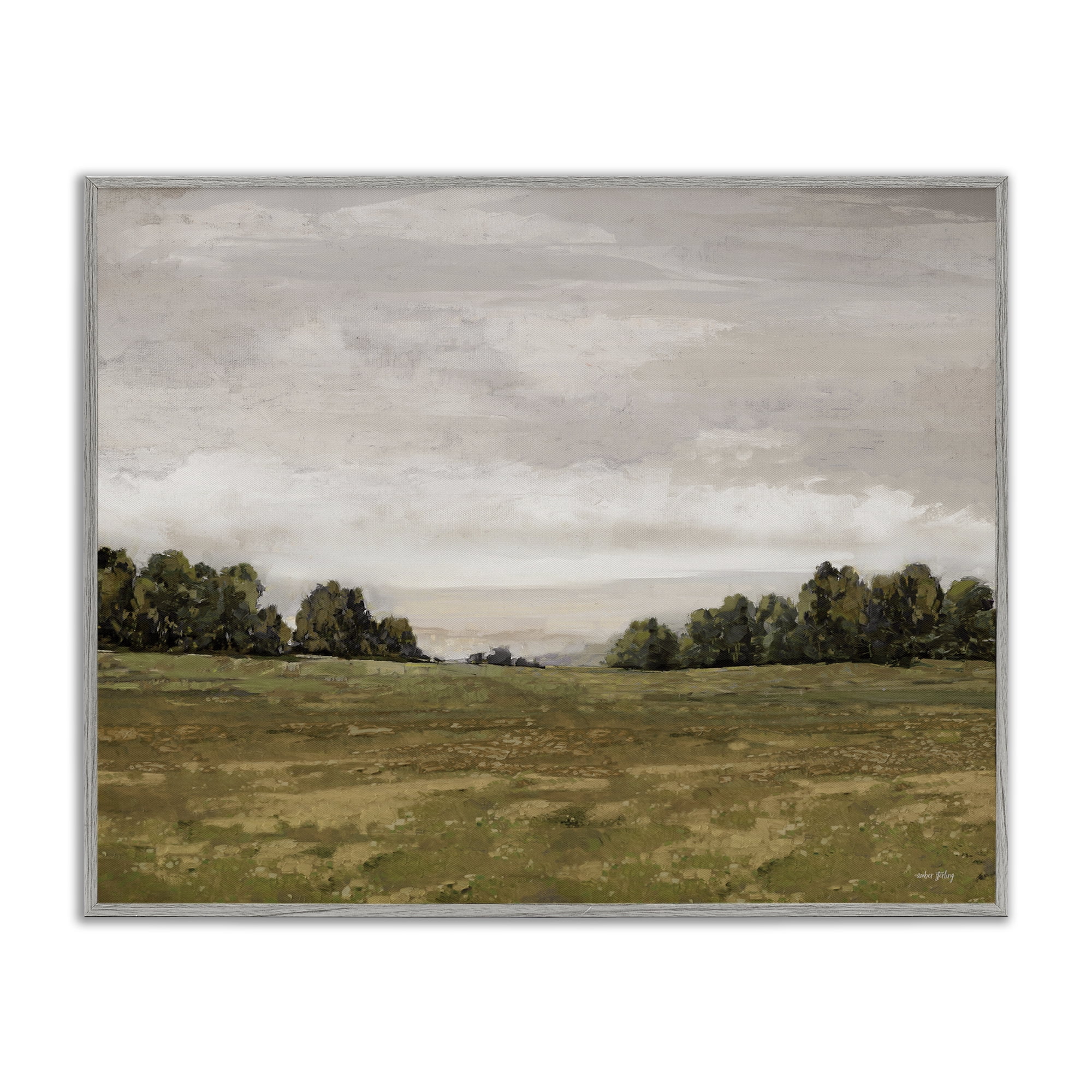 Stupell Industries Distant Trees Grassland Landscape Painting Gray Framed Art Print Wall Art, 20 x 16