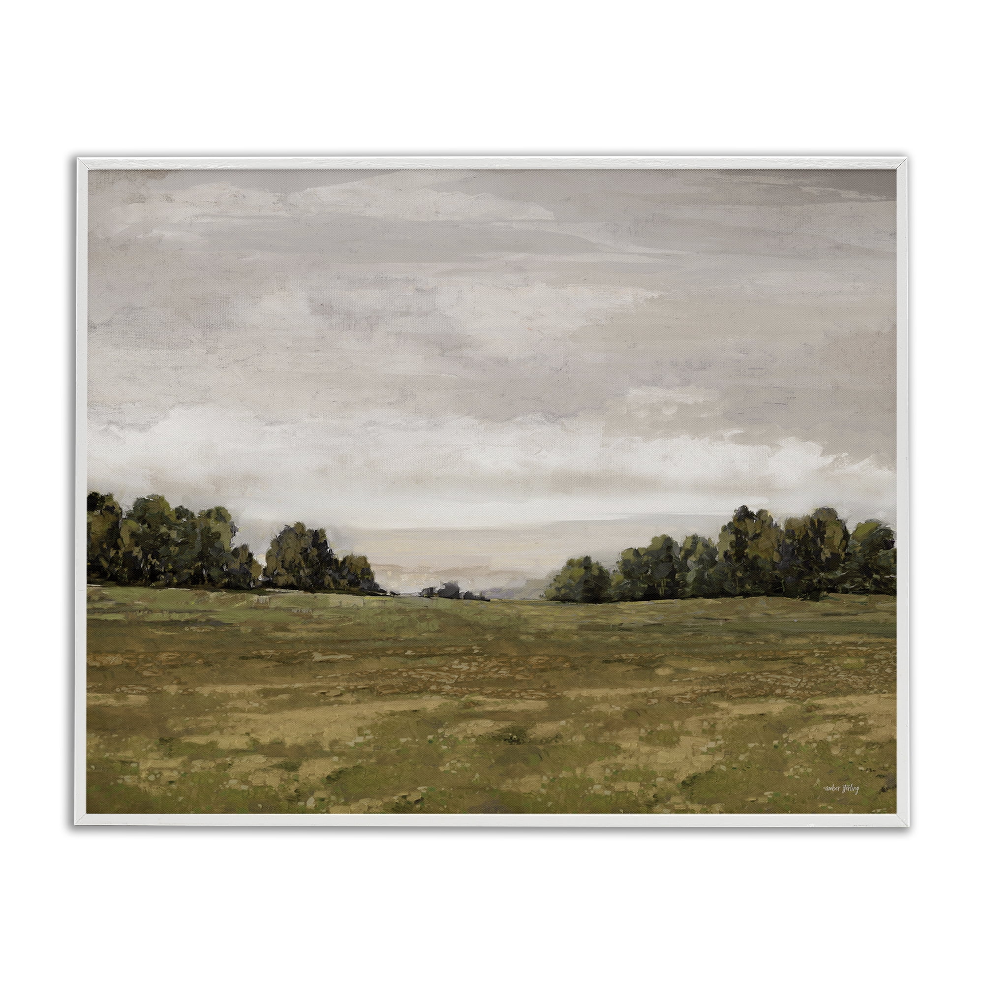 Stupell Industries Distant Trees Grassland Landscape Painting White Framed Art Print Wall Art, 20 x 16
