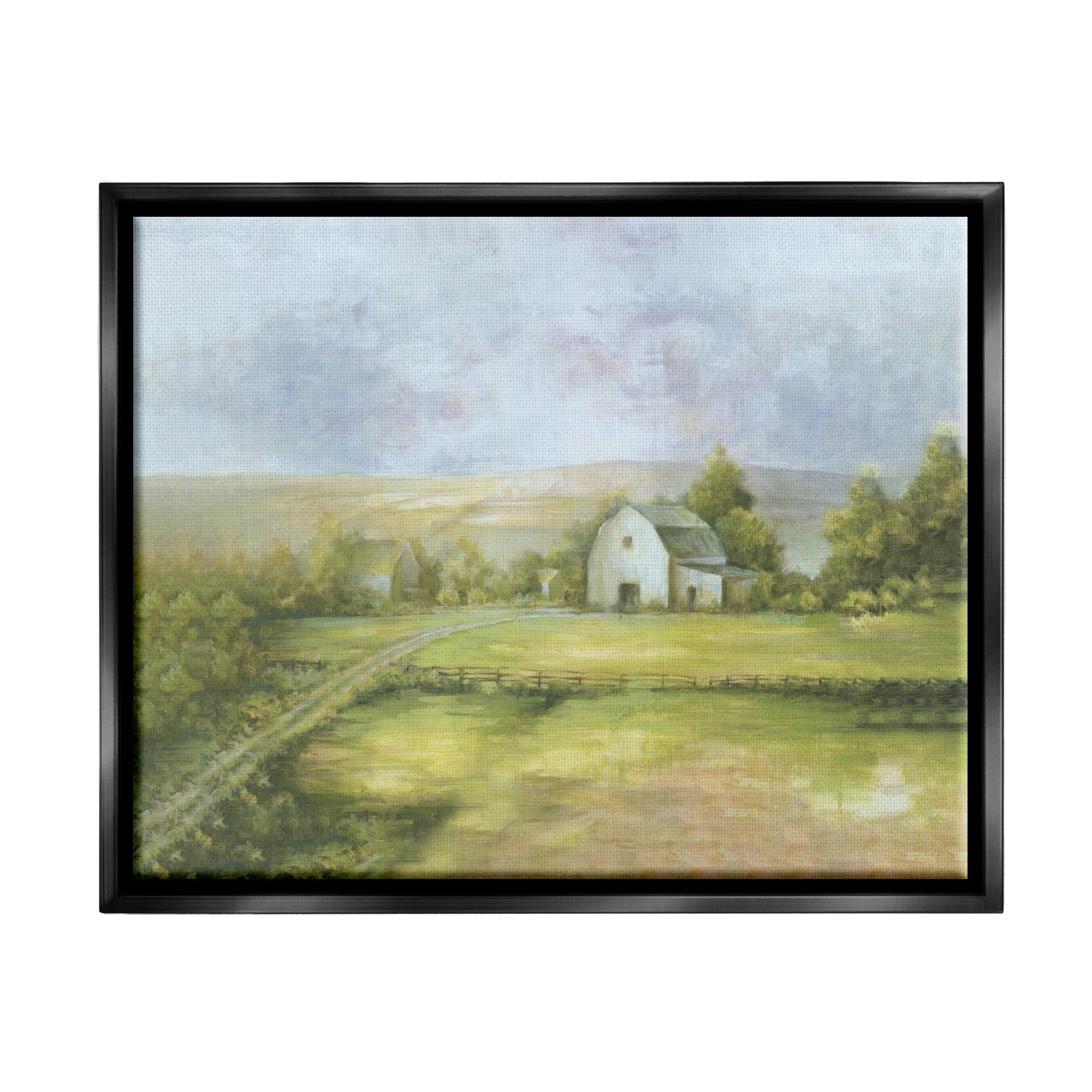 Stupell Industries Distant White Barn Vast Rural Farmland Fields Painting Jet Black Floating Framed Canvas Print Wall Art, Design by White Ladder
