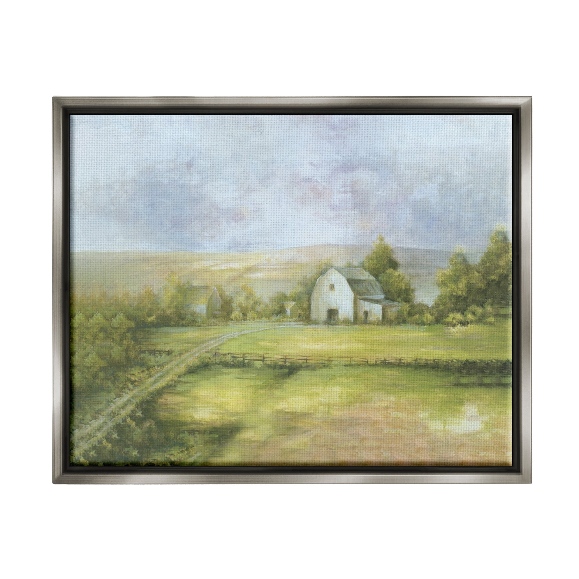 Stupell Industries Distant White Barn Vast Rural Farmland Fields Painting Luster Gray Floating Framed Canvas Print Wall Art, Design by White Ladder