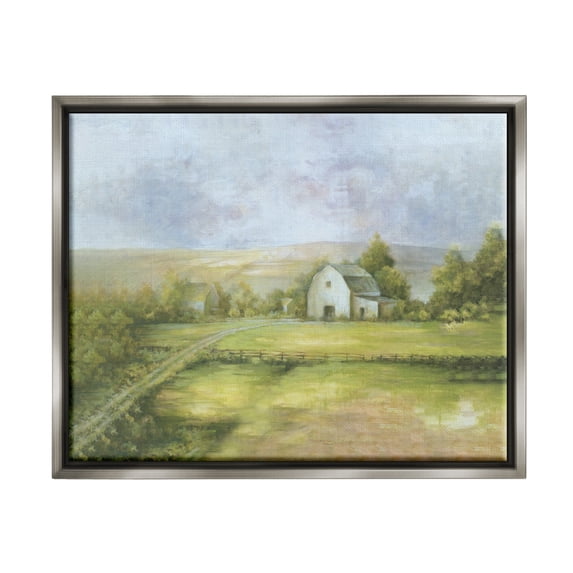 Stupell Industries Distant White Barn Vast Rural Farmland Fields Painting Luster Gray Floating Framed Canvas Print Wall Art, Design by White Ladder