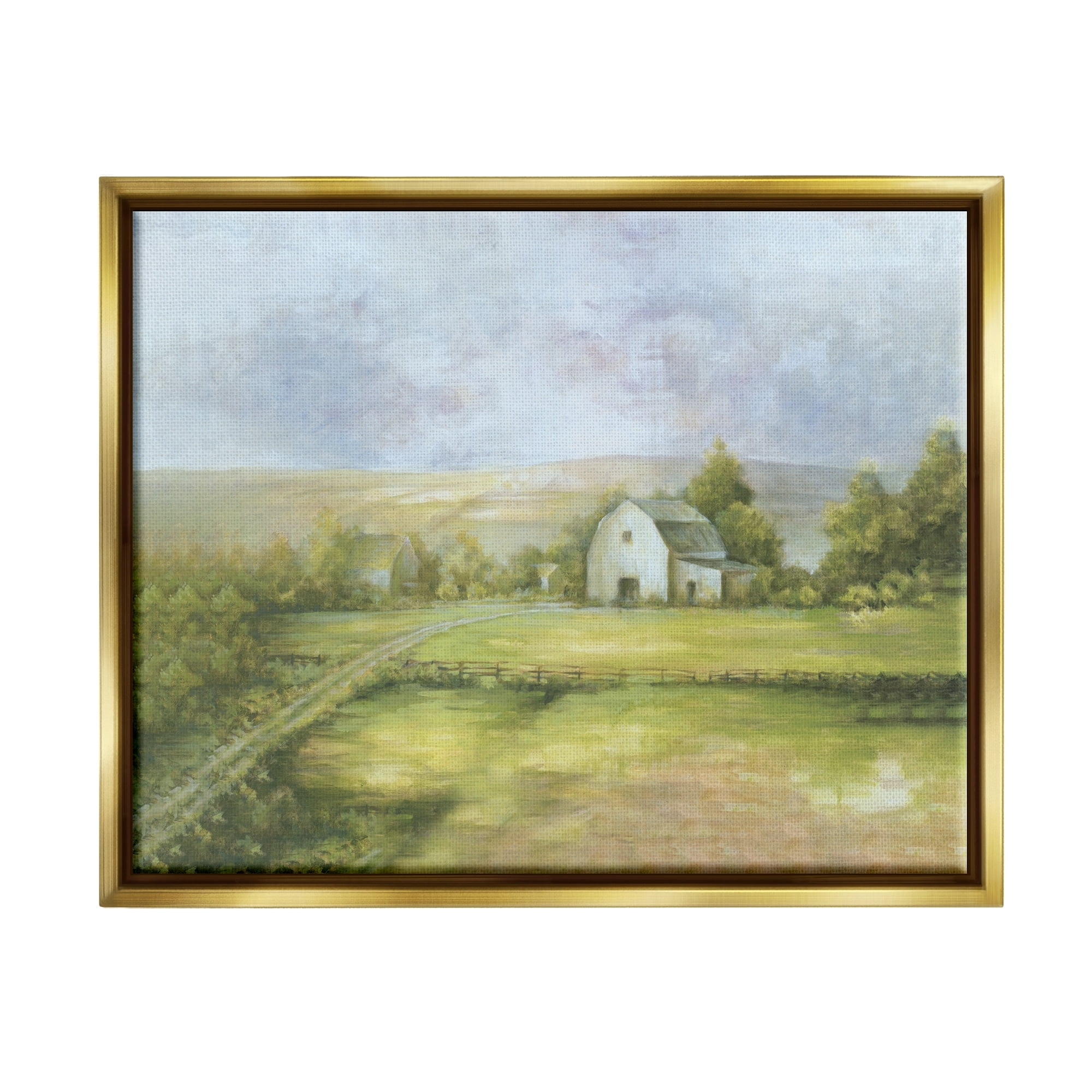 Stupell Industries Distant White Barn Vast Rural Farmland Fields Painting Metallic Gold Floating Framed Canvas Print Wall Art, Design by White Ladder