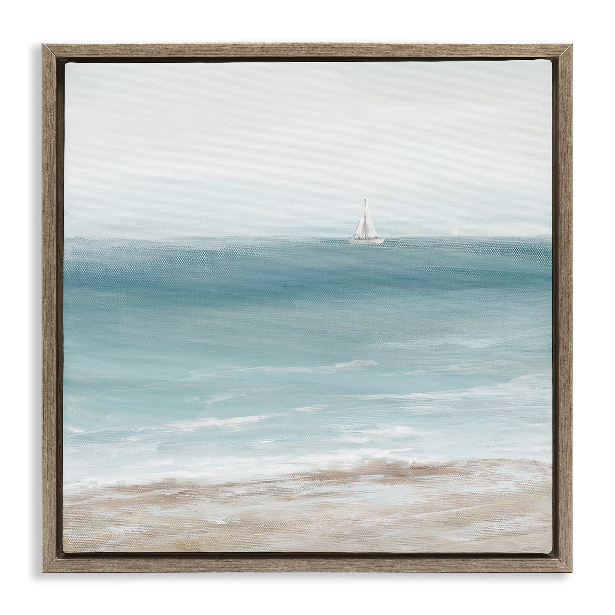 Stupell Industries Distant White Sailboat Nautical & Beach Painting Brown Floater Framed Canvas Art Print Wall Art, 18 x 18