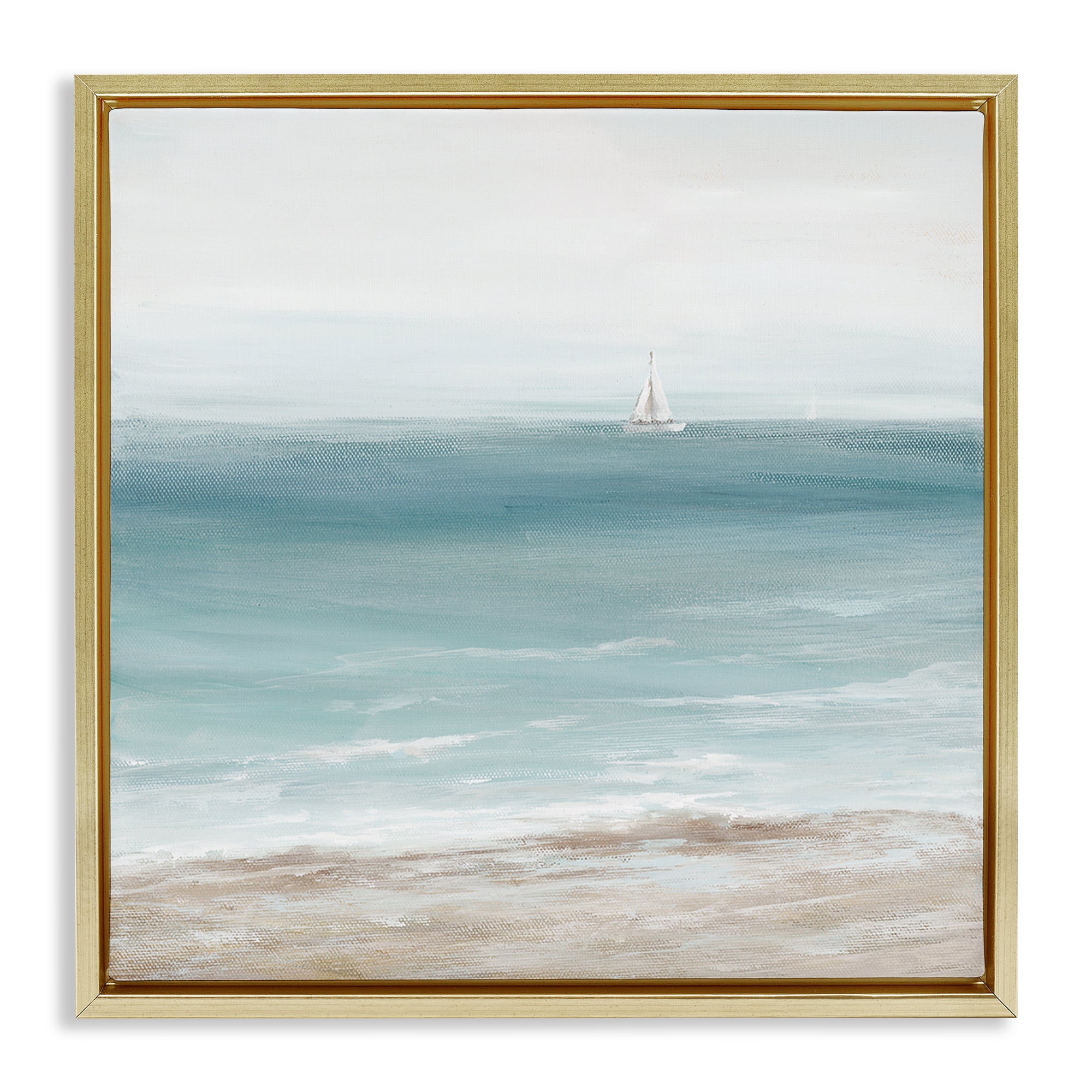 Stupell Industries Distant White Sailboat Nautical & Beach Painting Gold Floater Framed Canvas Art Print Wall Art, 25 x 25
