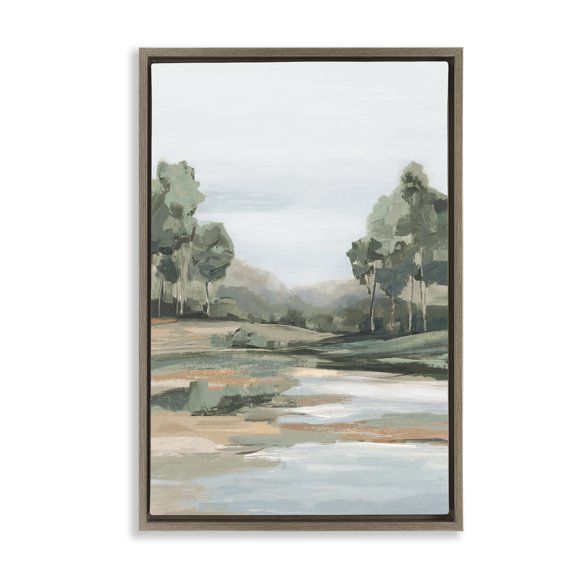 Stupell Industries Distant Woodland Creek View Landscape & Nature Painting Brown Floater Framed Canvas Art Print Wall Art, 21 x 31