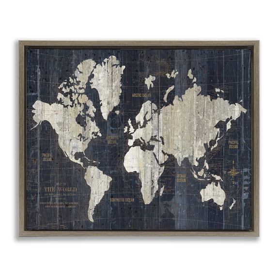 Stupell Industries Distressed Antique World Map Town & City Painting Brown Floater Framed Canvas Art Print Wall Art, 21 x 17