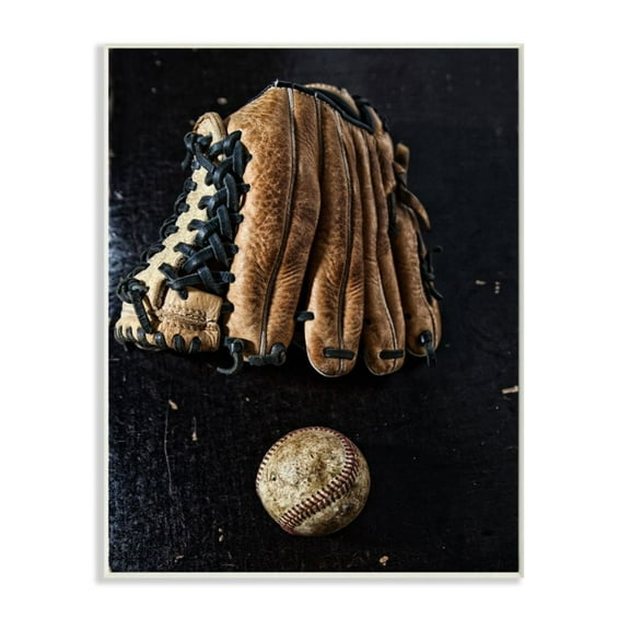 Stupell Industries Distressed Baseball and Glove over Black Design by Unsplash