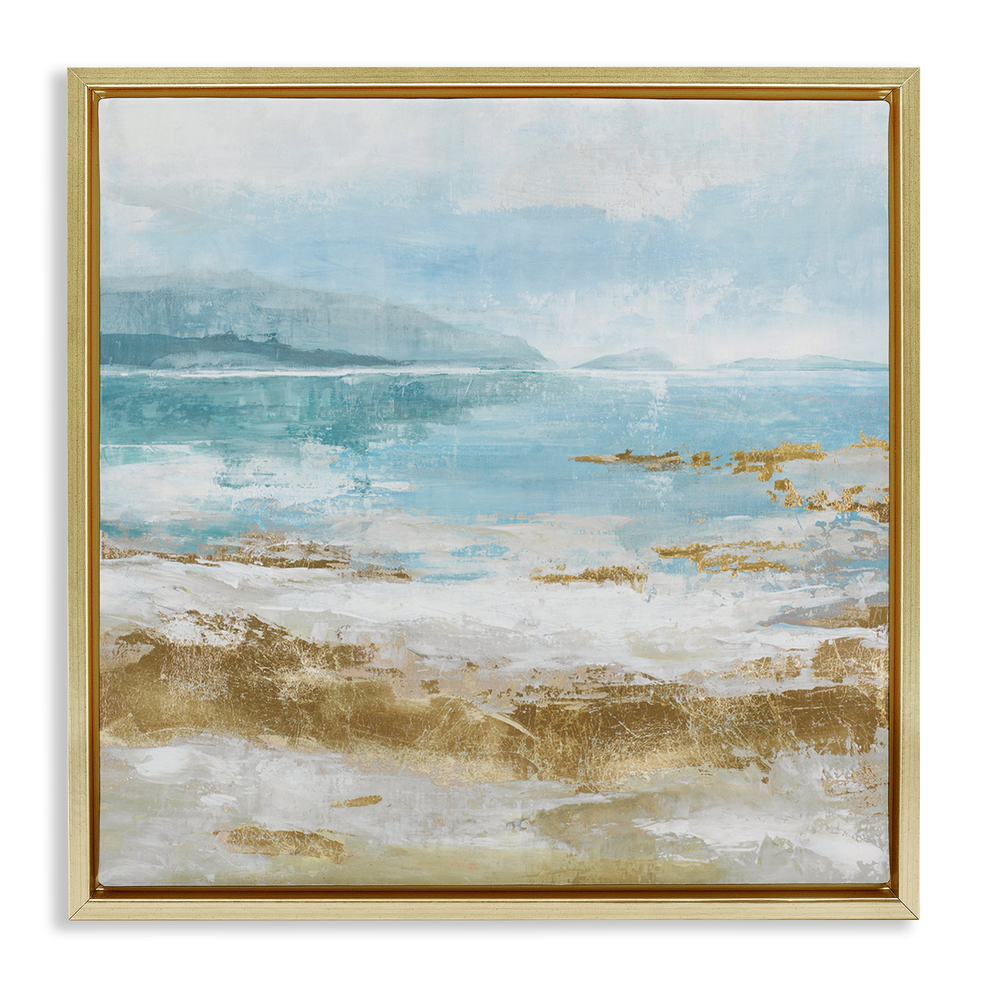 Stupell Industries Distressed Beach Landscape Coastal Painting Gold Floater Framed Canvas Art Print Wall Art, 18 x 18