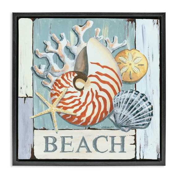 Stupell Industries Distressed Beach Shells Nautical & Beach Painting Black Floater Framed Canvas Art Print Wall Art, 18 x 18