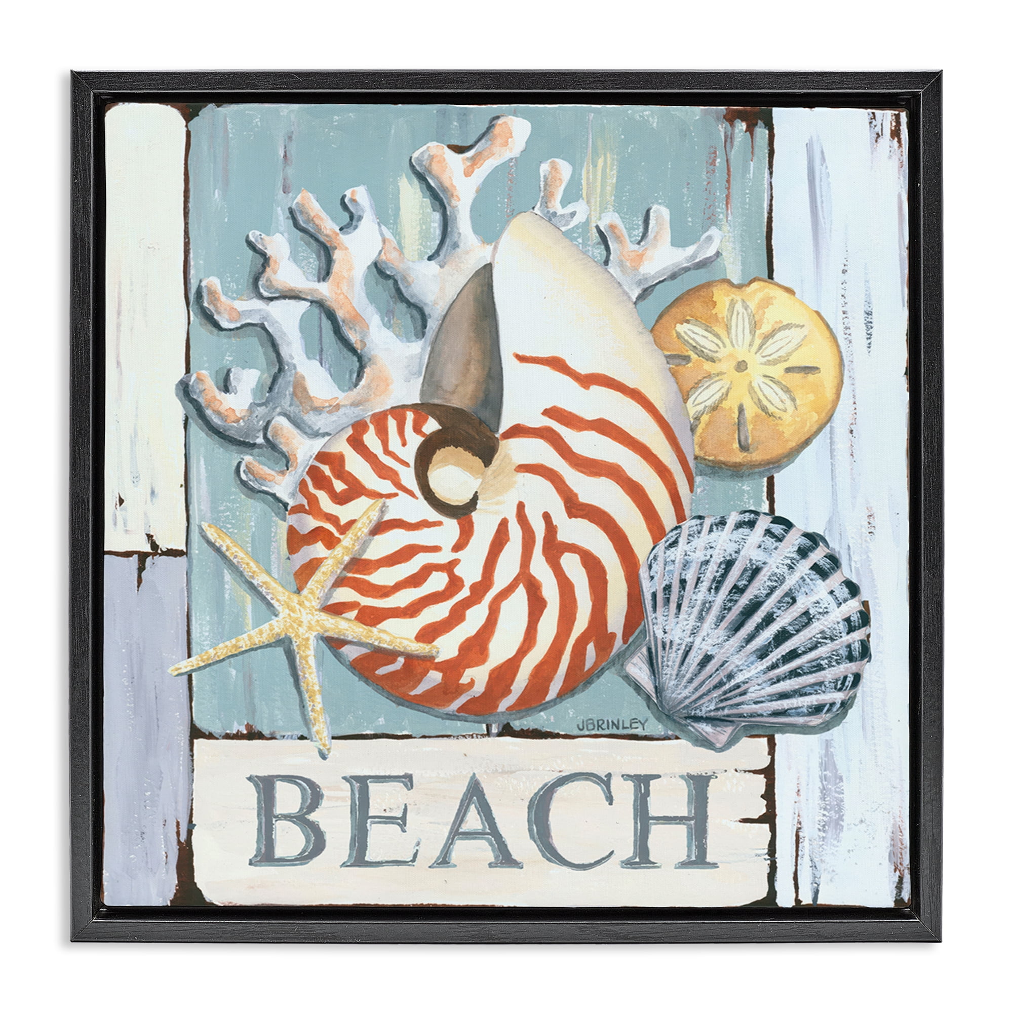 Stupell Industries Distressed Beach Shells Nautical & Beach Painting Black Floater Framed Canvas Art Print Wall Art, 25 x 25