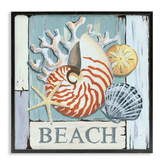 Stupell Industries Distressed Beach Shells Nautical & Beach Painting Black Framed Art Print Wall Art, 12 x 12
