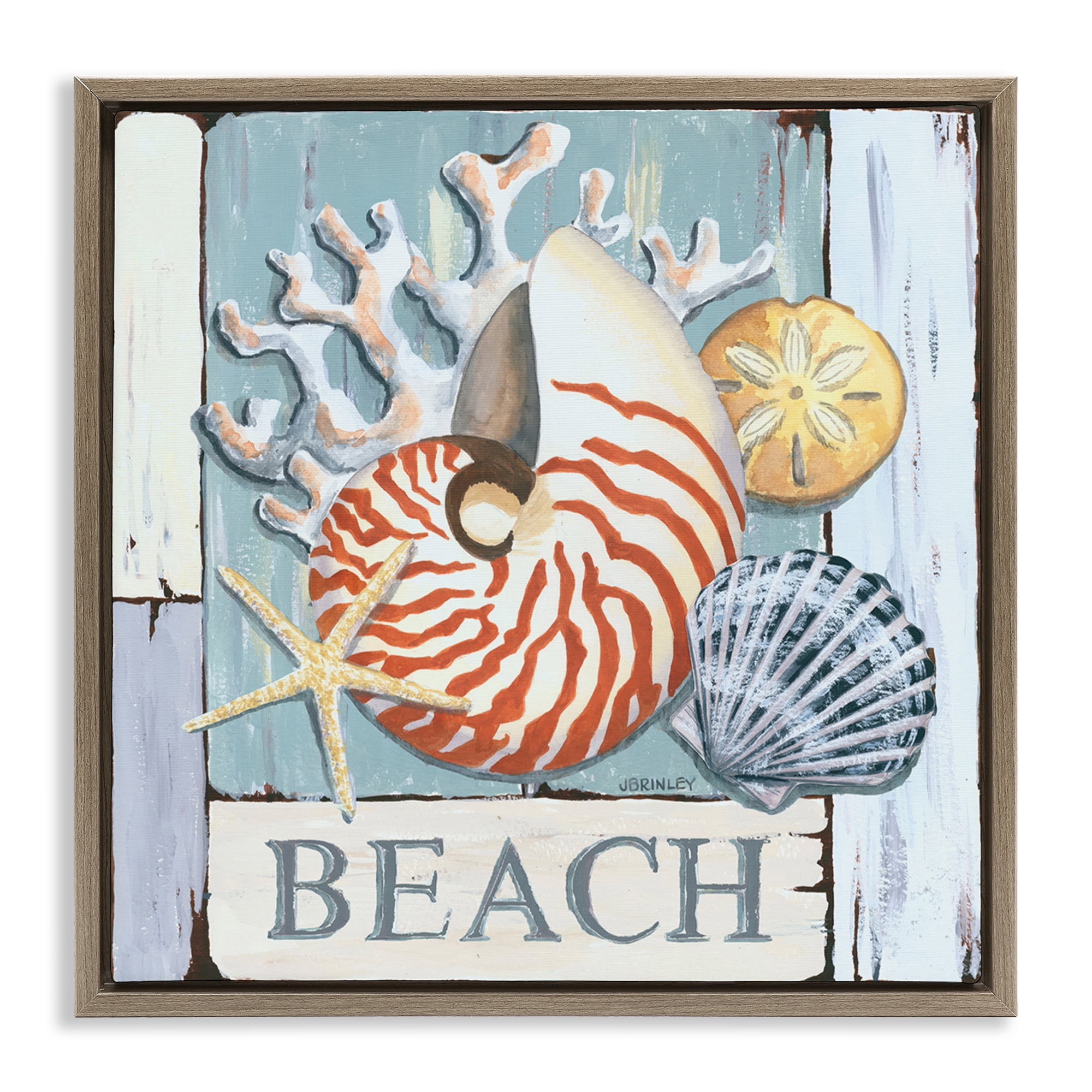 Stupell Industries Distressed Beach Shells Nautical & Beach Painting Brown Floater Framed Canvas Art Print Wall Art, 18 x 18