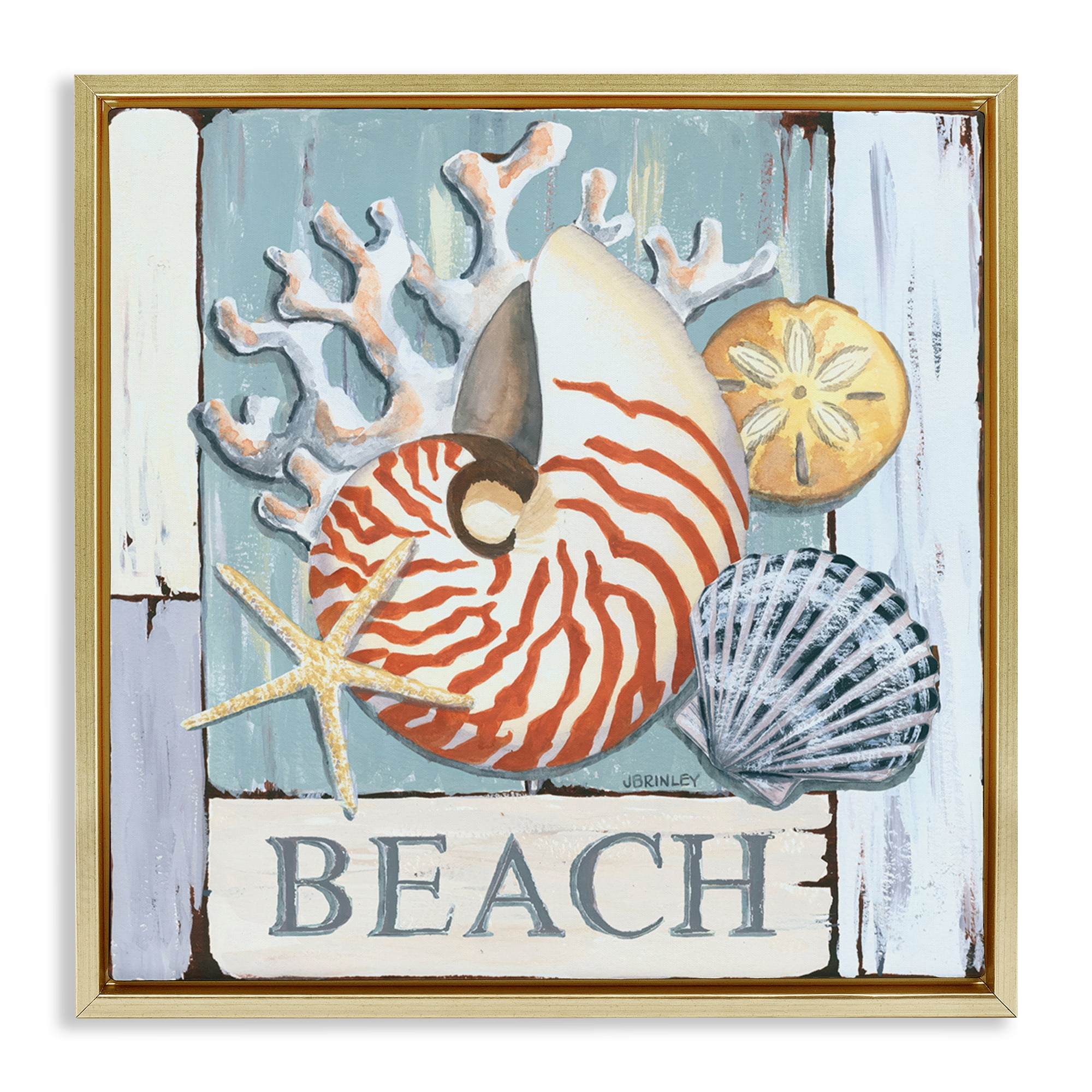 Stupell Industries Distressed Beach Shells Nautical & Beach Painting Gold Floater Framed Canvas Art Print Wall Art, 25 x 25
