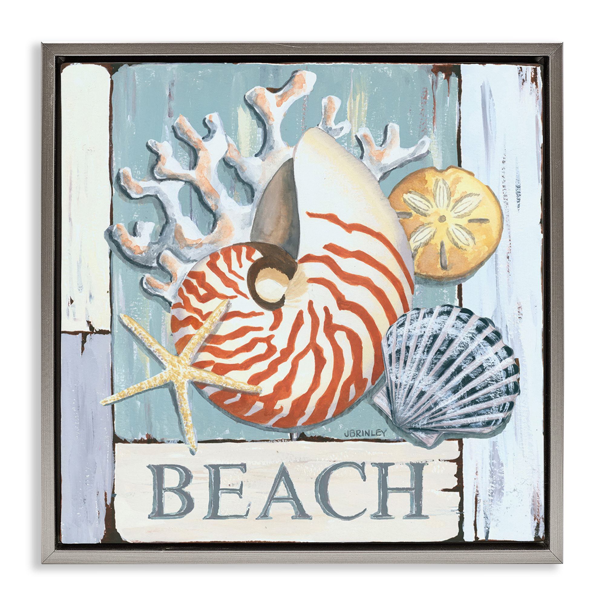 Stupell Industries Distressed Beach Shells Nautical & Beach Painting Gray Floater Framed Canvas Art Print Wall Art, 18 x 18