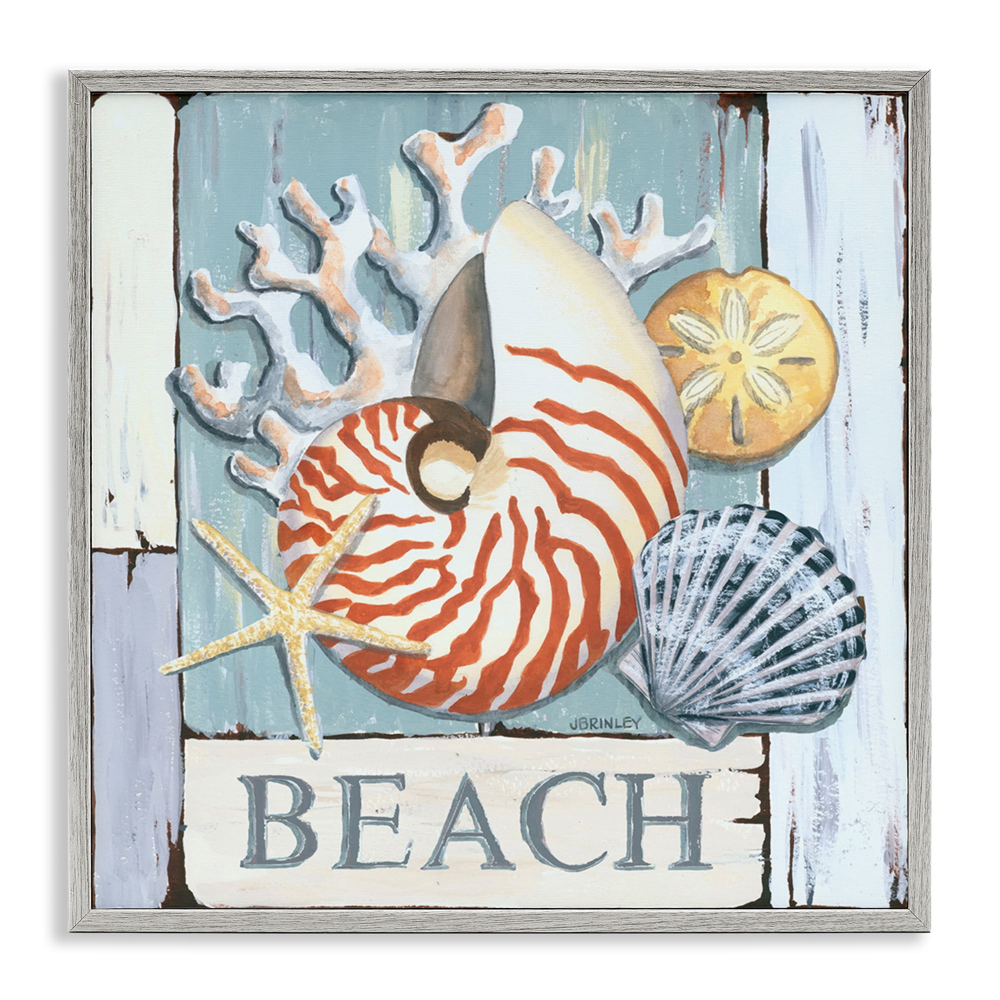 Stupell Industries Distressed Beach Shells Nautical & Beach Painting Gray Framed Art Print Wall Art, 17 x 17