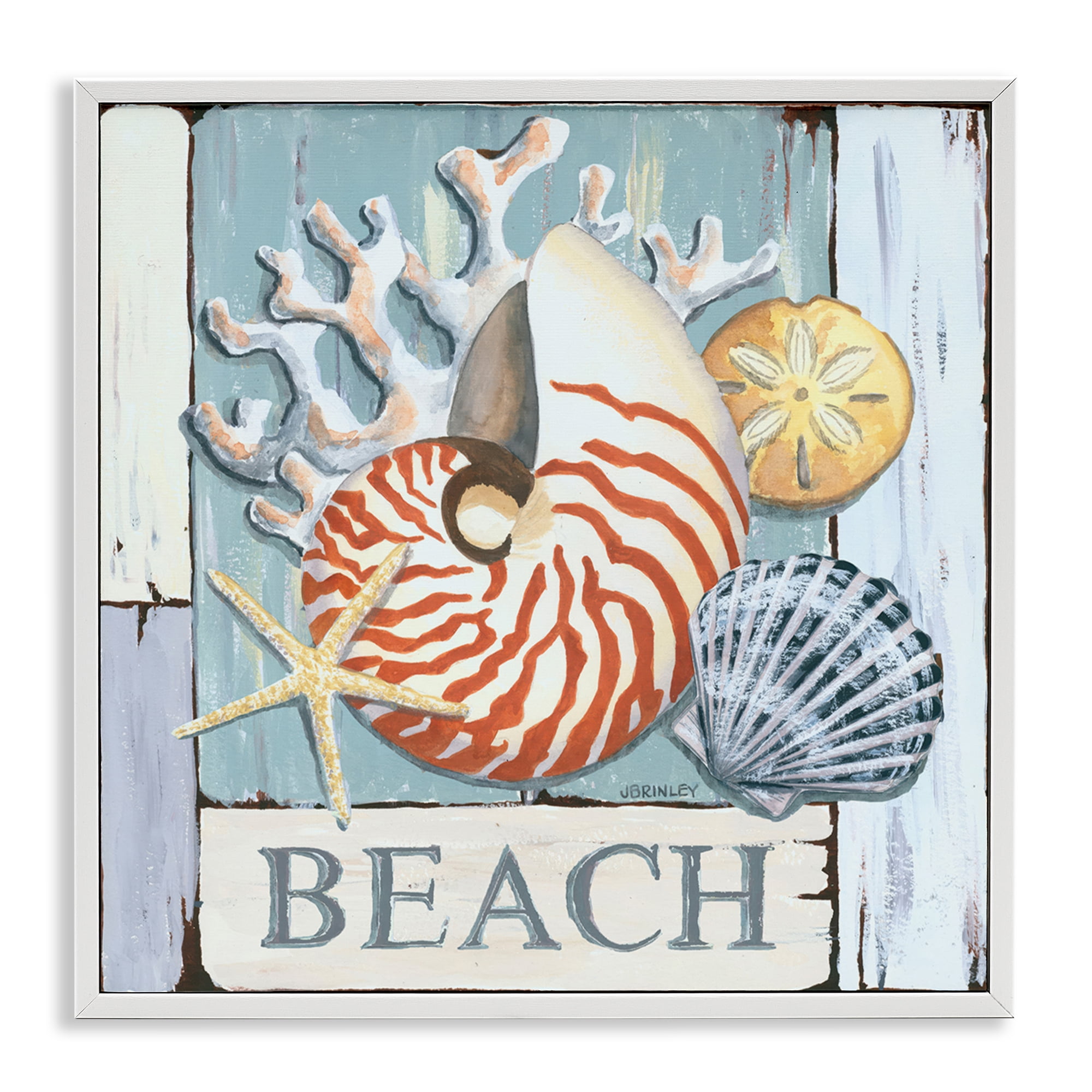 Stupell Industries Distressed Beach Shells Nautical & Beach Painting White Framed Art Print Wall Art, 12 x 12