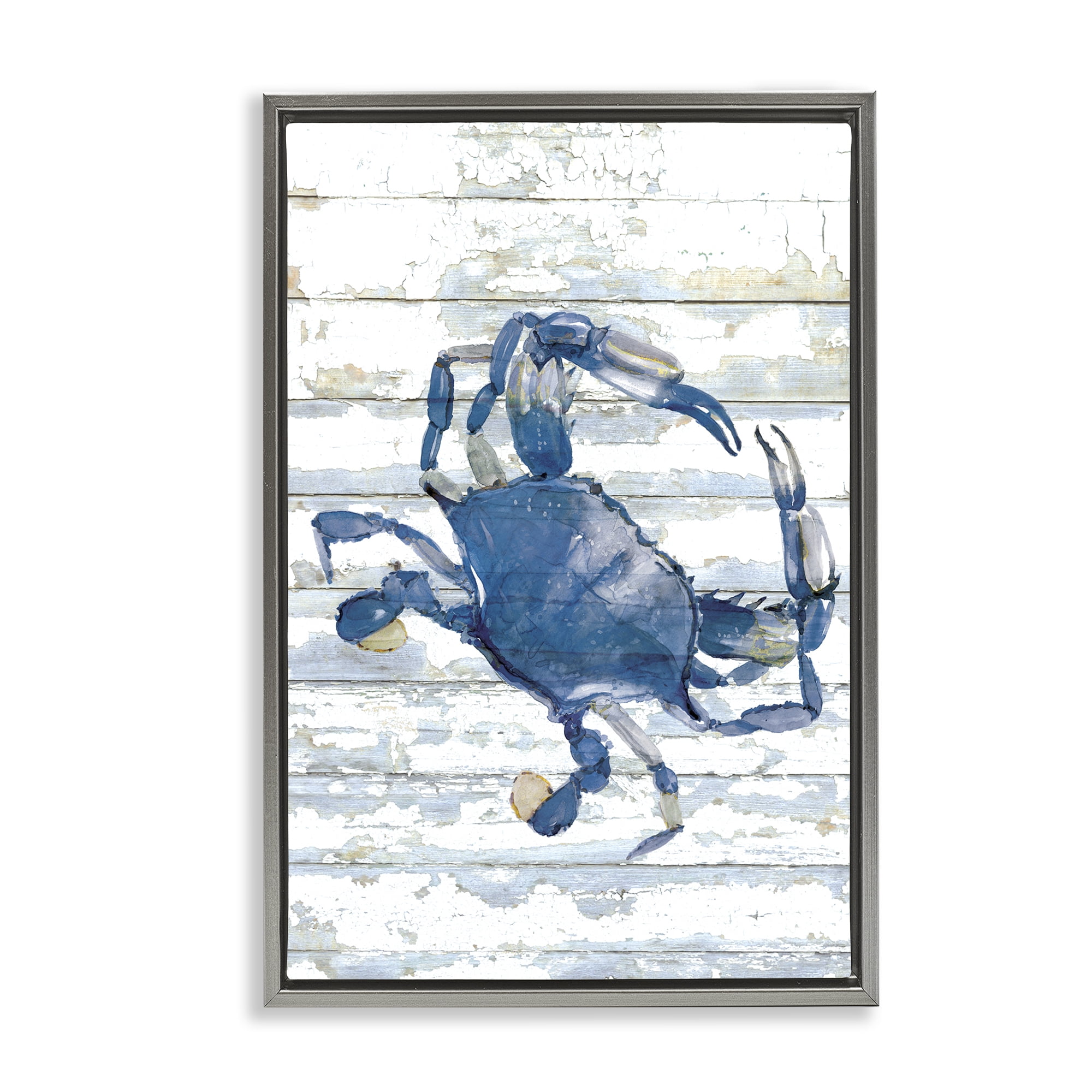 Stupell Industries Distressed Blue Ocean Crab Animals Painting Gray Floater Framed Canvas Art Print Wall Art, 21 x 31