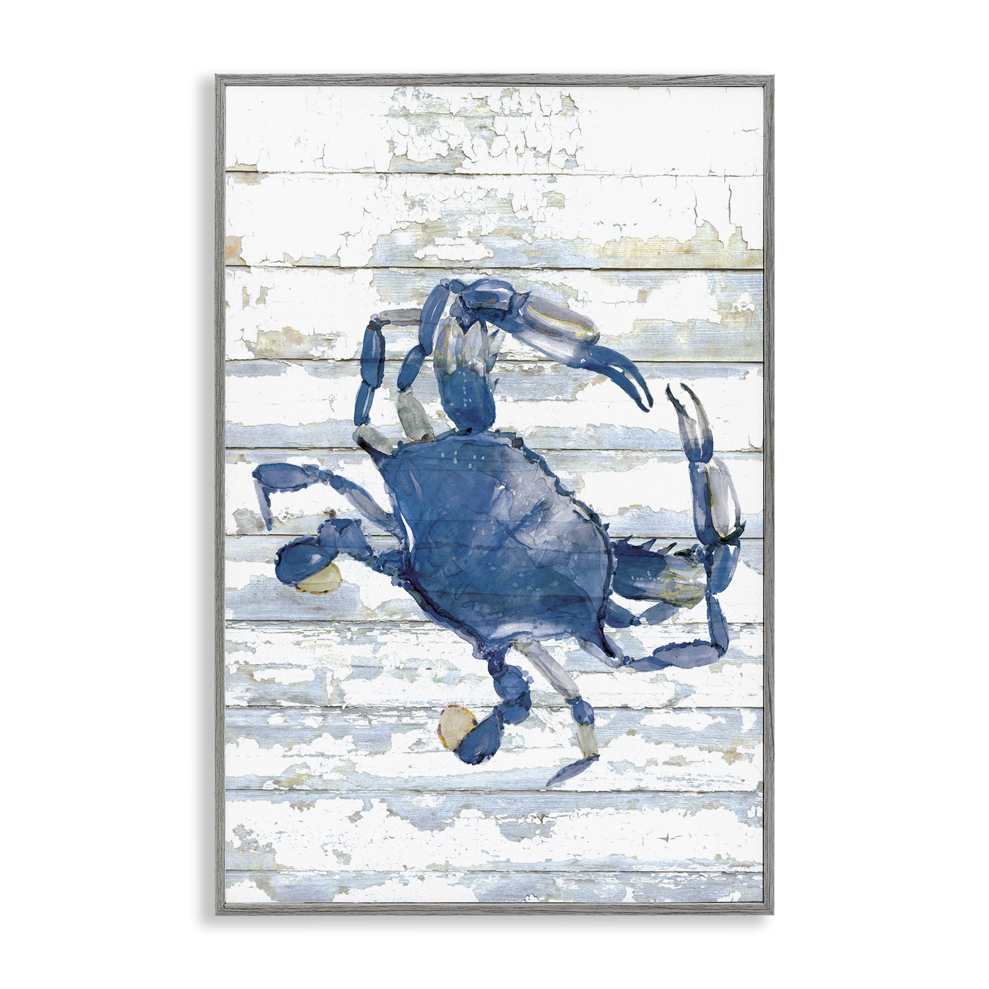 Stupell Industries Distressed Blue Ocean Crab Animals Painting Gray Framed Art Print Wall Art, 12 x 18