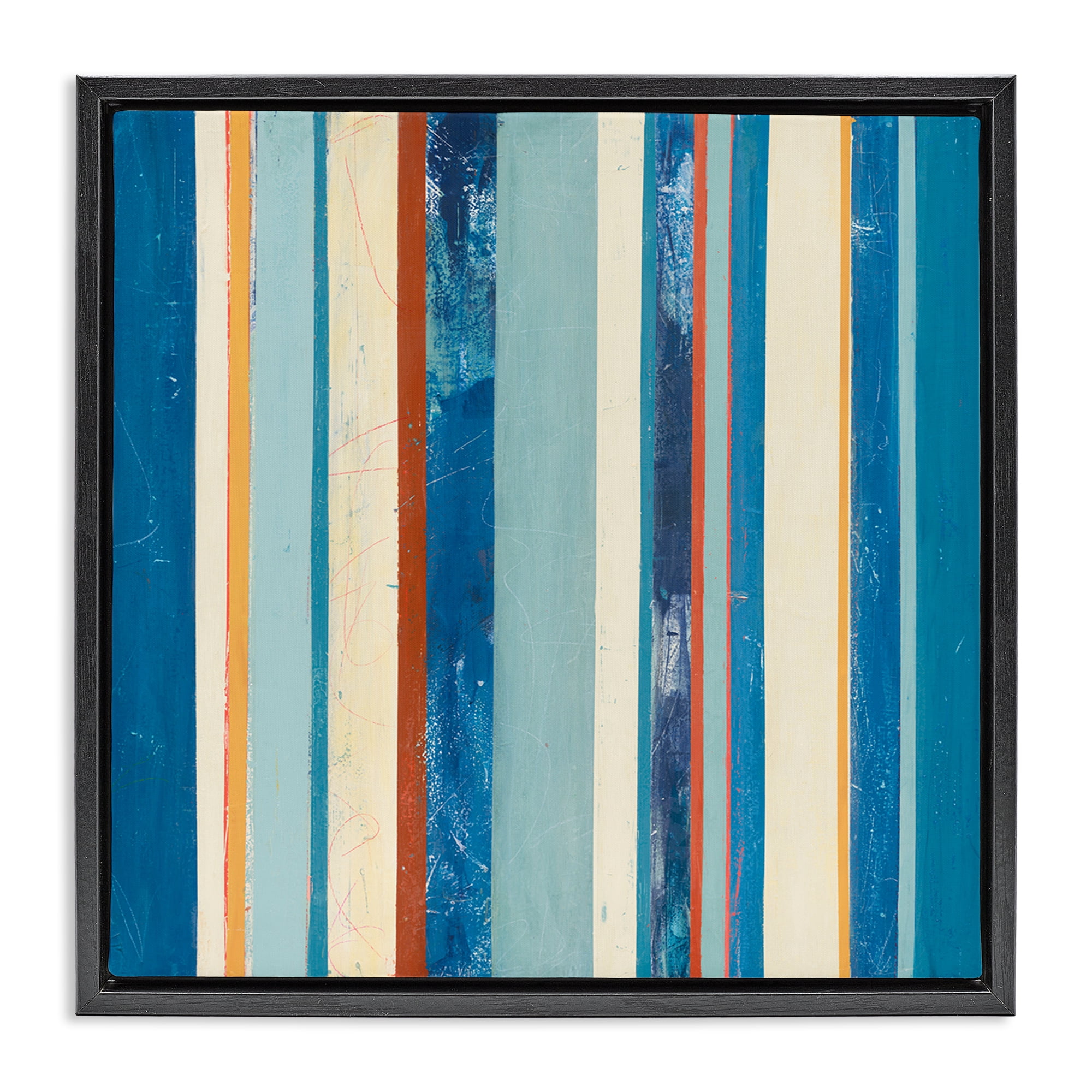 Stupell Industries Distressed Blue Stripes Abstract Painting Black Floater Framed Canvas Art Print Wall Art, 25 x 25