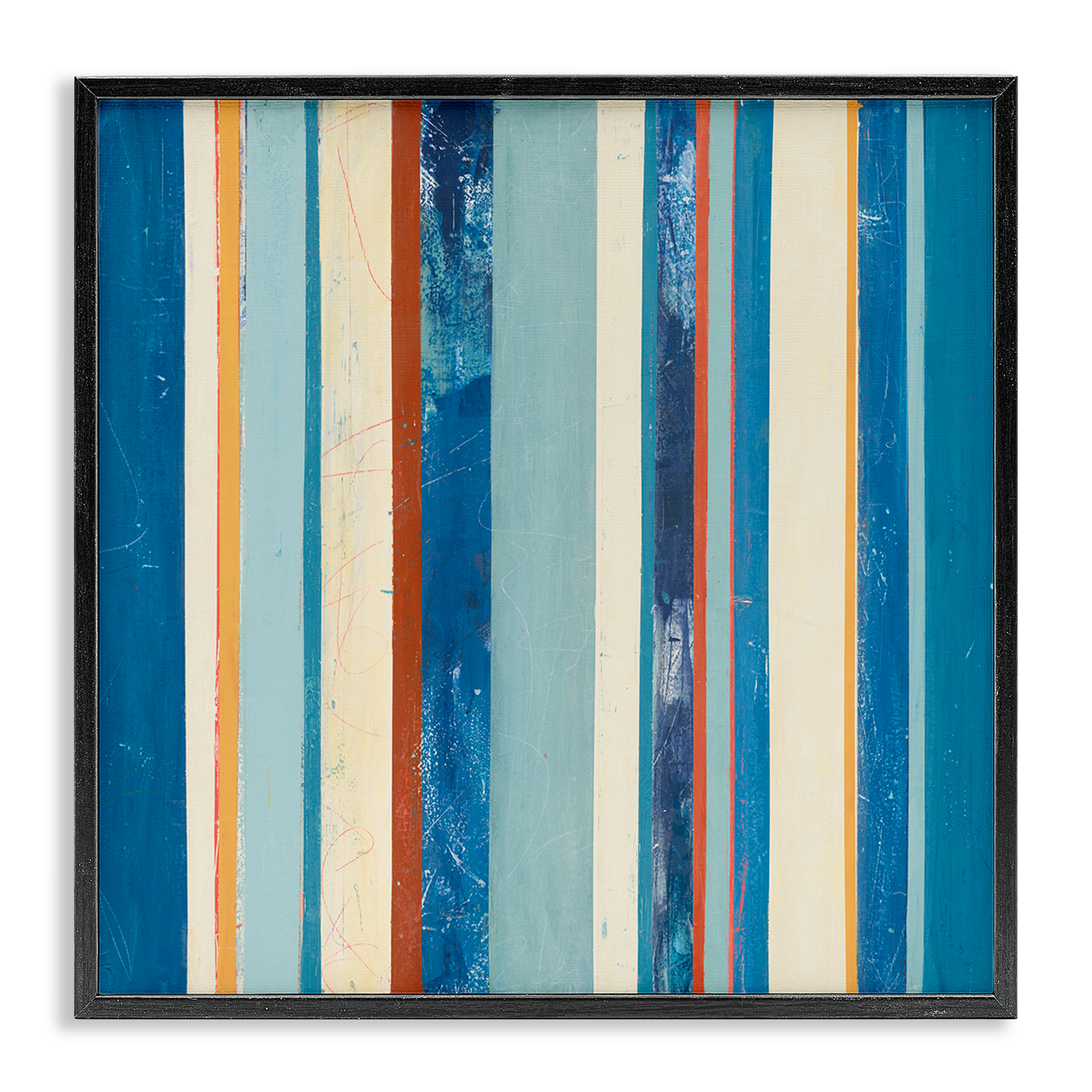 Stupell Industries Distressed Blue Stripes Abstract Painting Black Framed Art Print Wall Art, 24 x 24