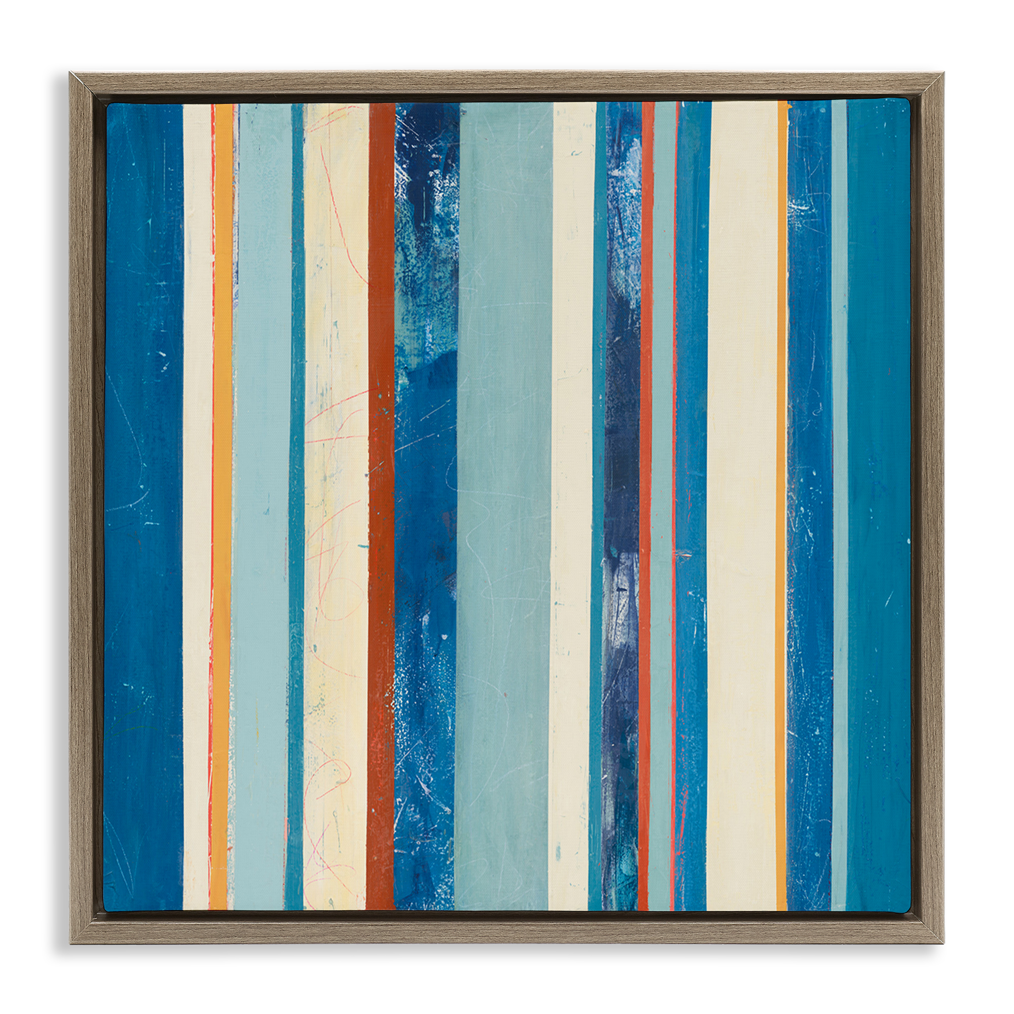 Stupell Industries Distressed Blue Stripes Abstract Painting Brown Floater Framed Canvas Art Print Wall Art, 18 x 18