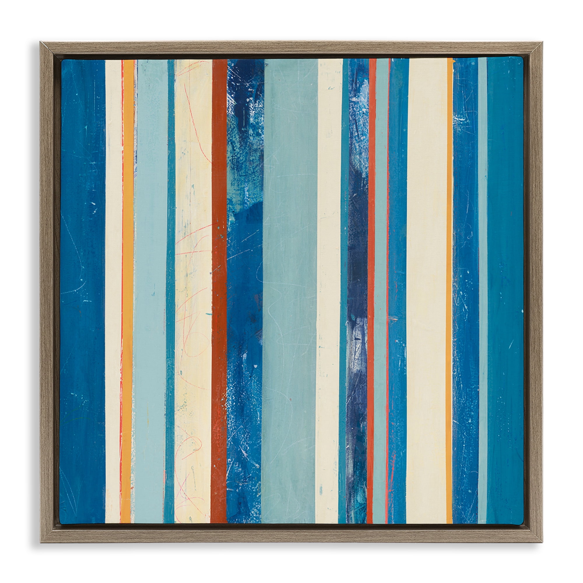 Stupell Industries Distressed Blue Stripes Abstract Painting Brown Floater Framed Canvas Art Print Wall Art, 25 x 25