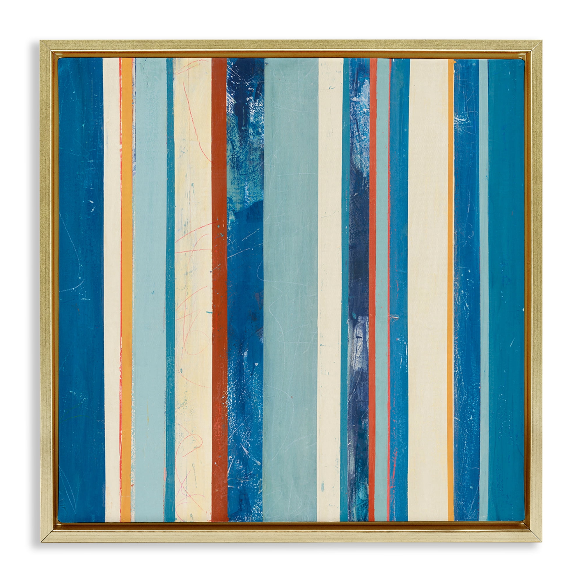 Stupell Industries Distressed Blue Stripes Abstract Painting Gold Floater Framed Canvas Art Print Wall Art, 18 x 18