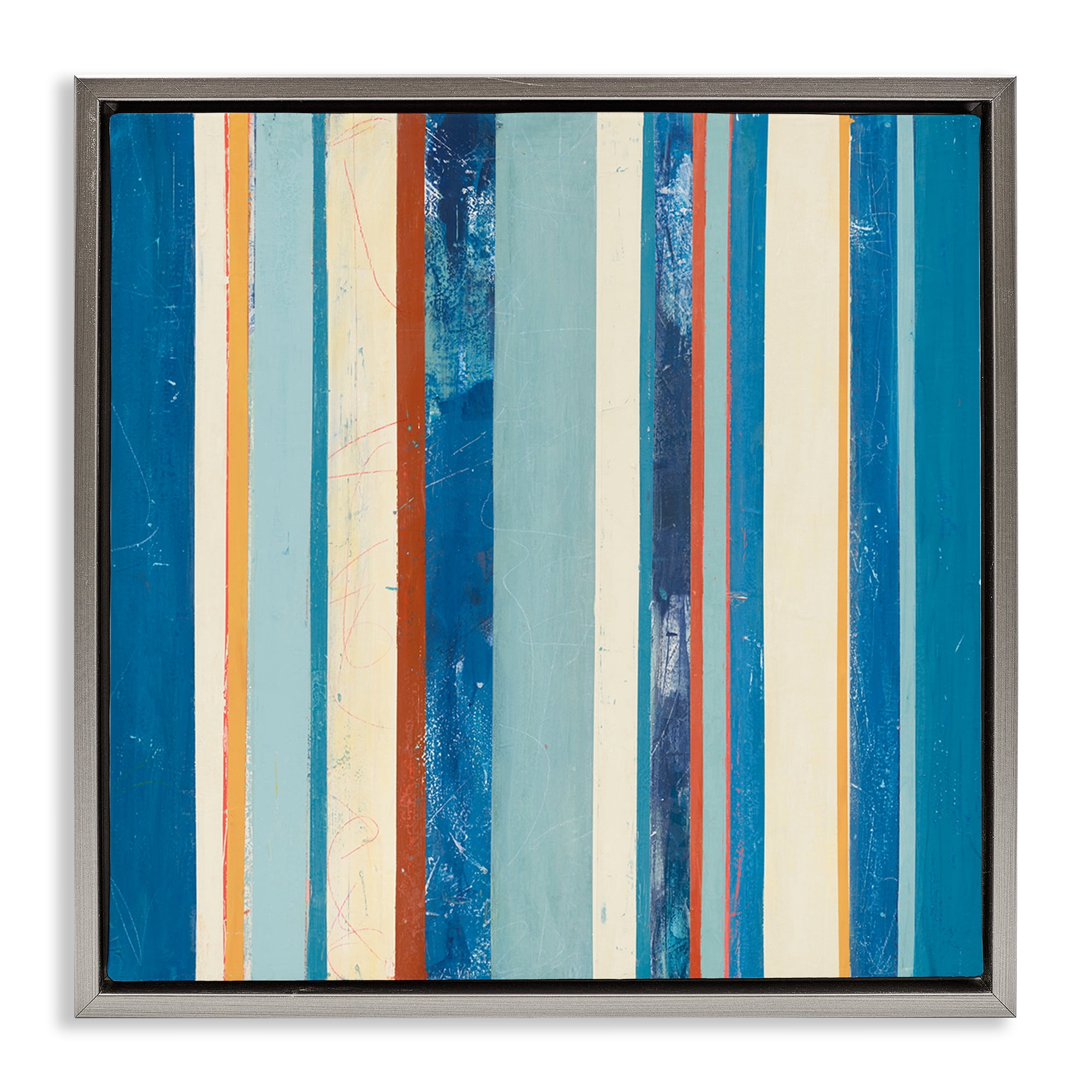 Stupell Industries Distressed Blue Stripes Abstract Painting Gray Floater Framed Canvas Art Print Wall Art, 25 x 25