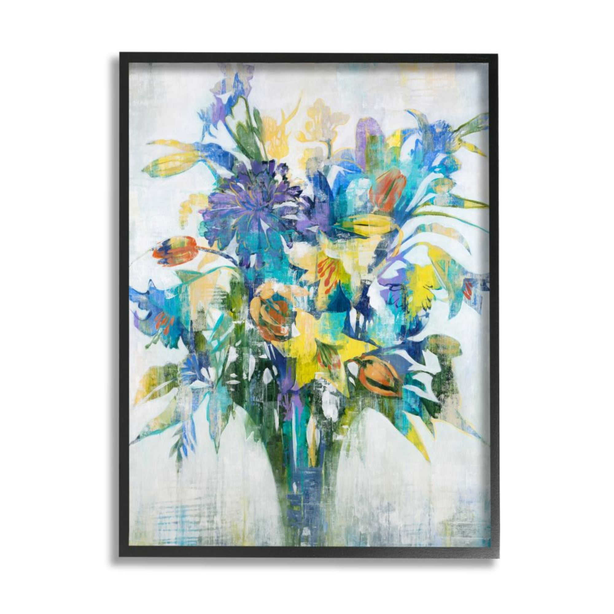 Stupell Industries Distressed Bouquet Spring Flowers Blue Yellow Green Design by Third and Wall, 11" x 14", Black Framed