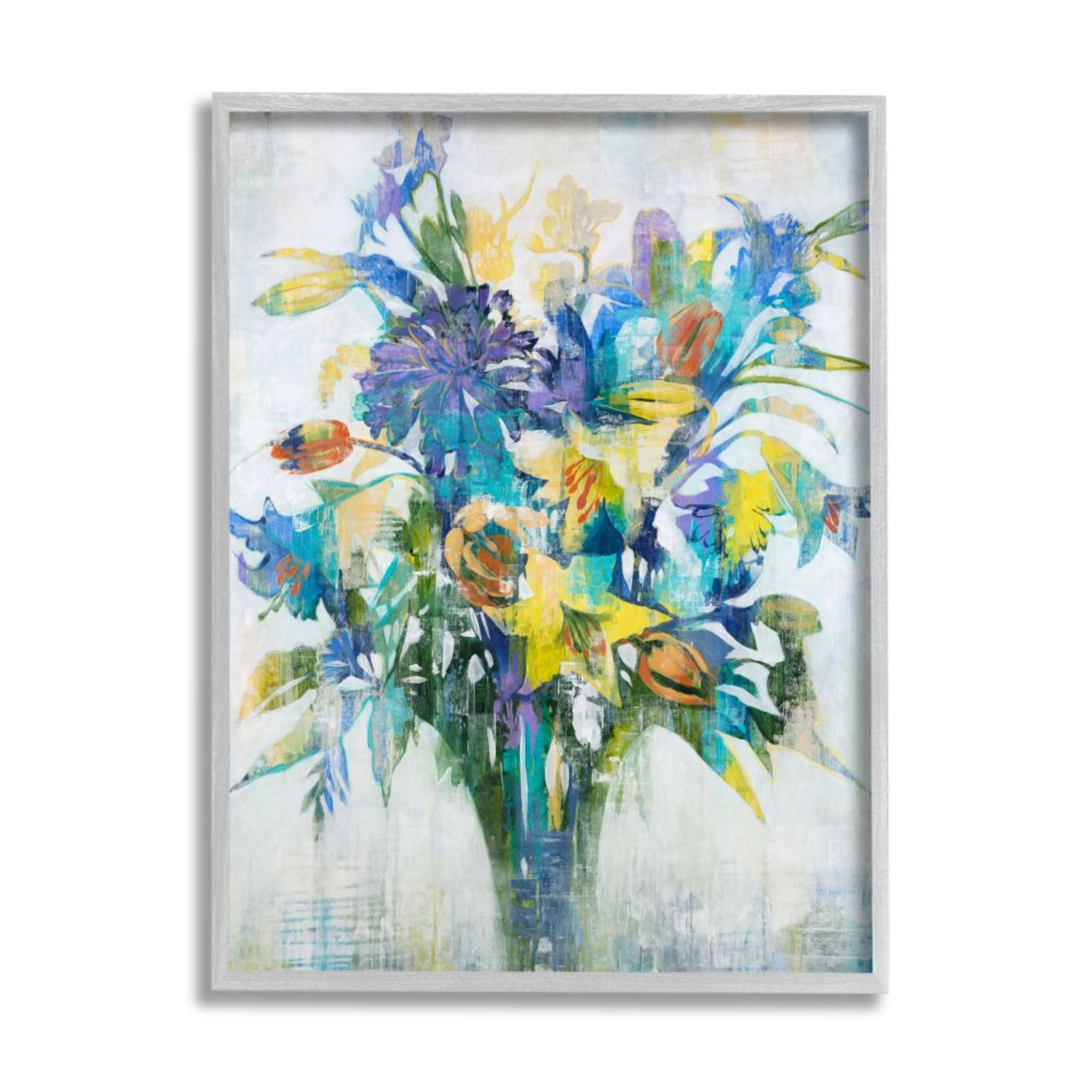 Stupell Industries Distressed Bouquet Spring Flowers Blue Yellow Green Design by Third and Wall, 11" x 14", Gray Framed