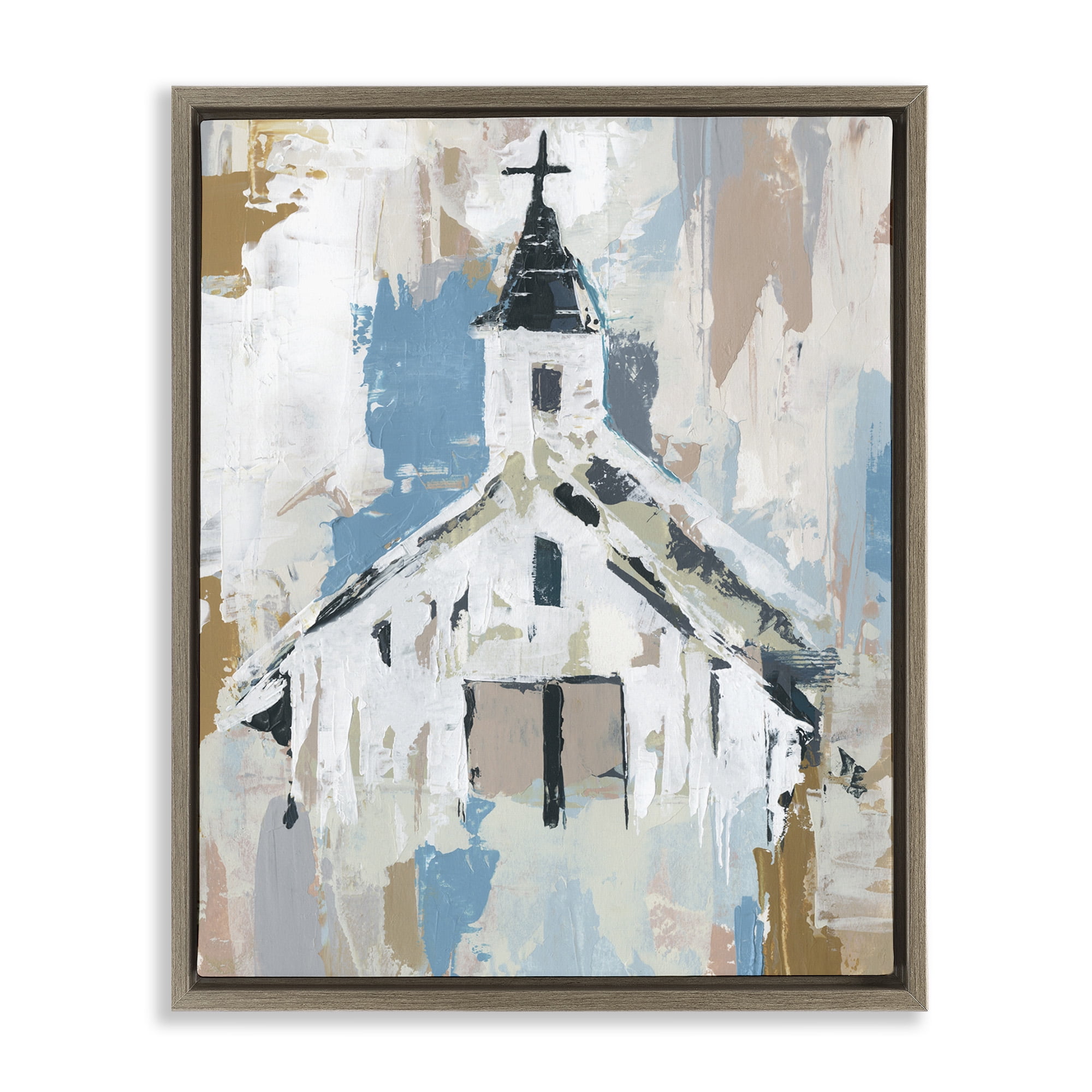 Stupell Industries Distressed Country Church Abstract Religious Painting Brown Floater Framed Canvas Art Print Wall Art, 17 x 21